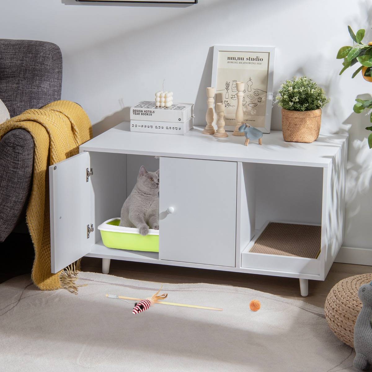 Maison de Toilette pour Chats 90 x 50 x 50 cm Meuble Literie Chat avec 2 Portes avec Planche à Gratter Blanc - Image 2