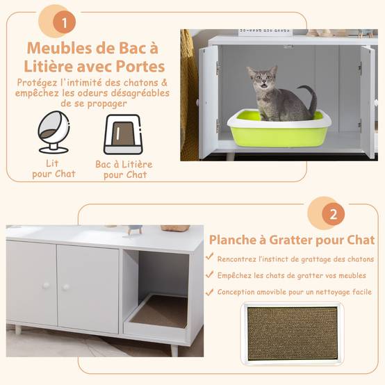 Maison de Toilette pour Chats 90 x 50 x 50 cm Meuble Literie Chat avec 2 Portes avec Planche à Gratter Blanc - Image 7