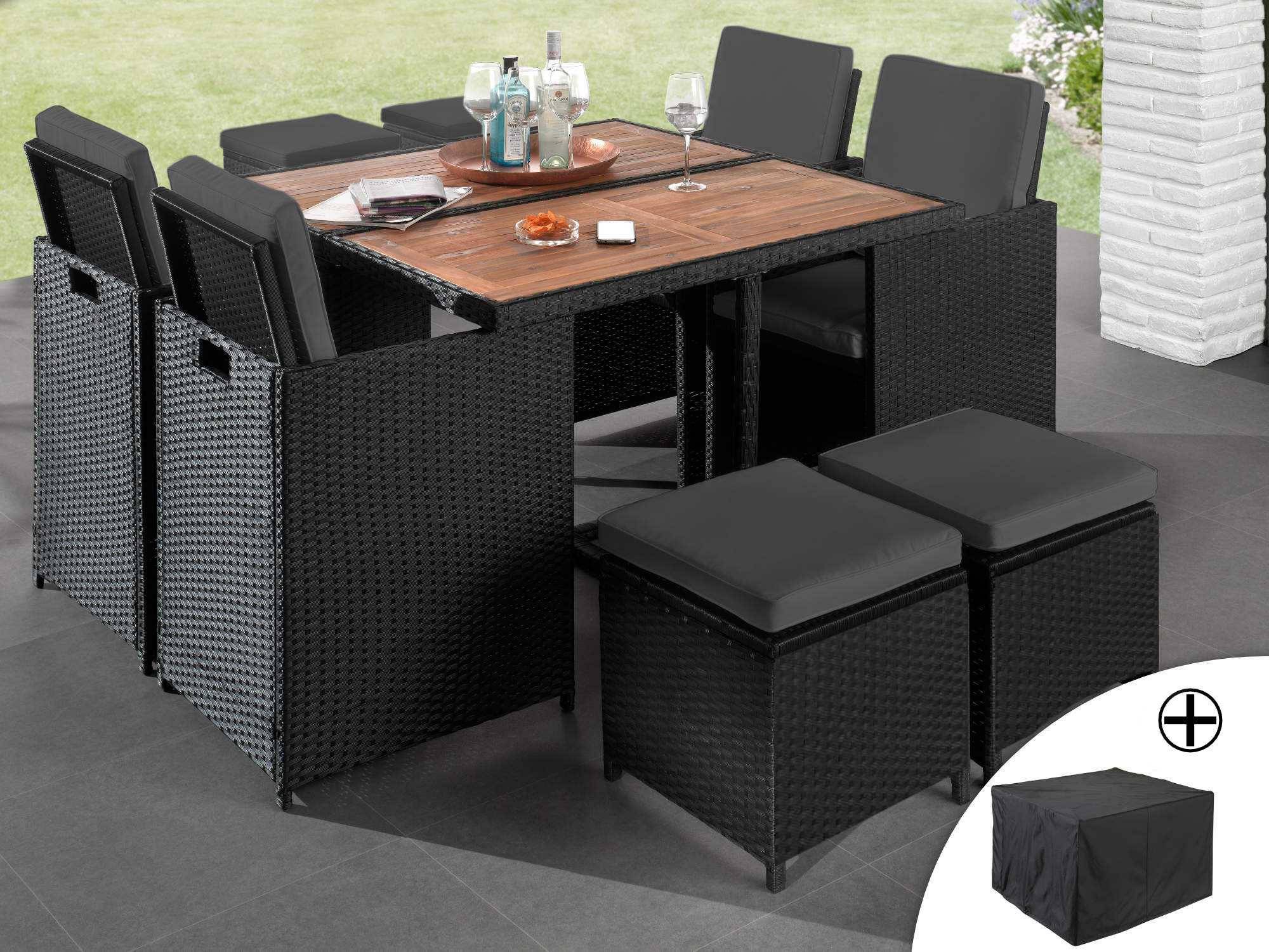 Best Mobilier - Cuba - Salon de jardin encastrable 8 places - en résine tressée - Noir avec coussins gris + housse de protection - Best Mobilier - Imagen 2