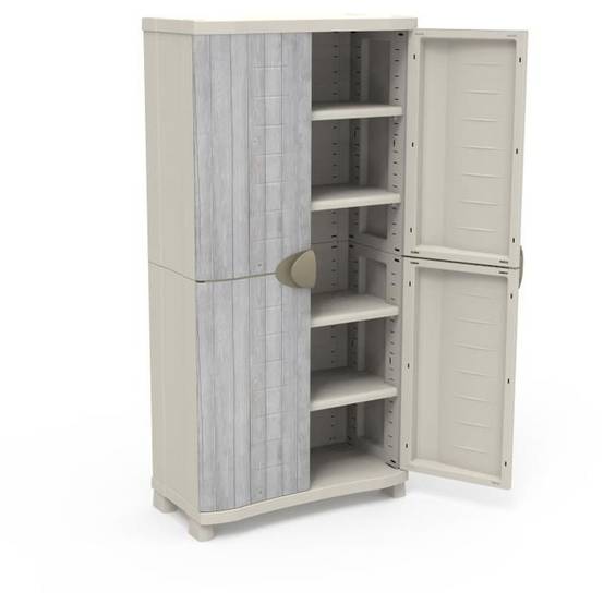 Armoire gain de place 4 étagères modulables 90 x 45 x 184 cm, 2 portes - Blanc/gris - PLASTIKEN - Image 2