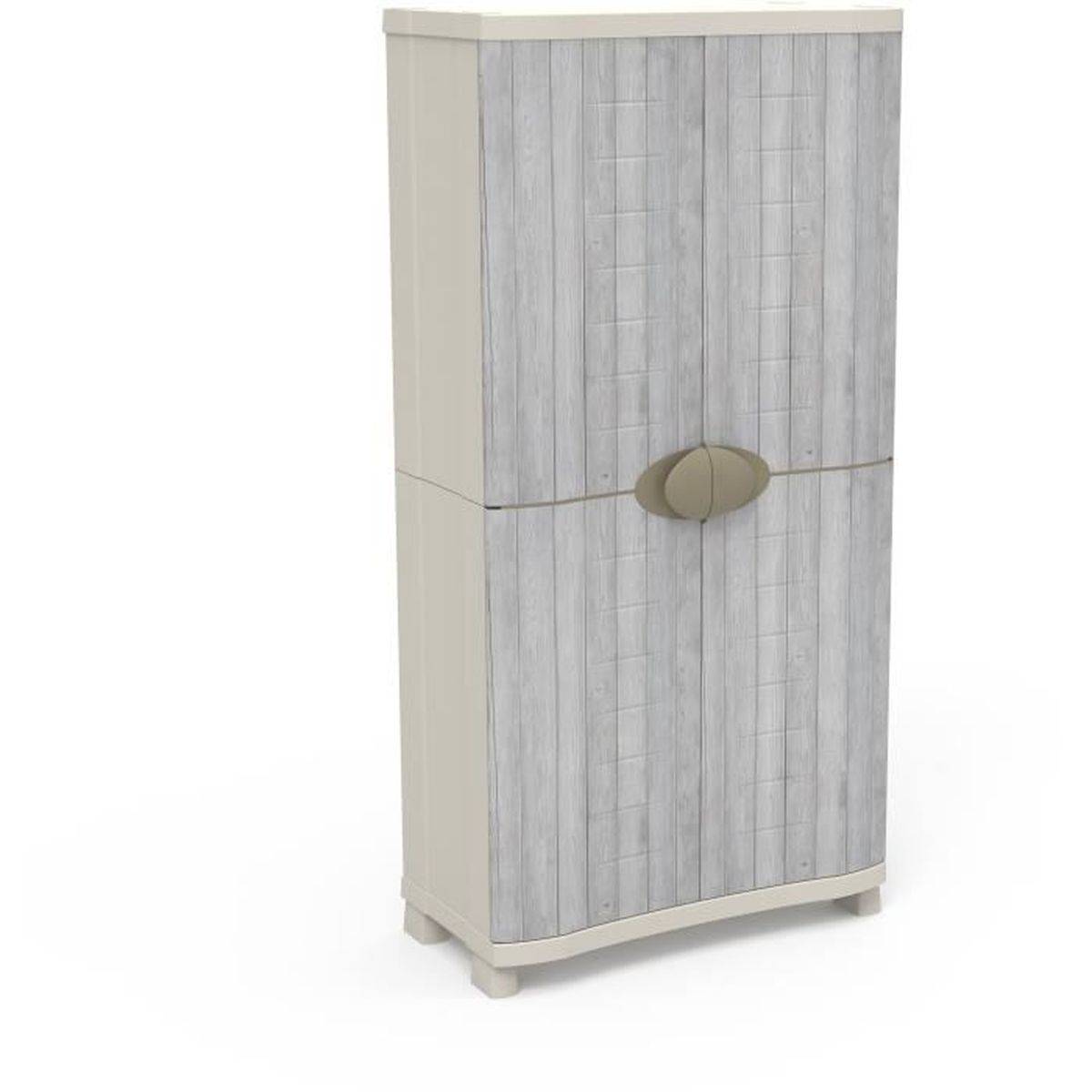 Armoire gain de place 4 étagères modulables 90 x 45 x 184 cm, 2 portes - Blanc/gris - PLASTIKEN