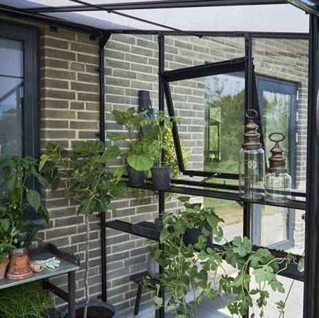 Halls - Serre adossée verre trempé et polycarbonate Qube Lean-to avec base 4.70m², Couleur Noir, Descentes de gouttières Oui - Image 6