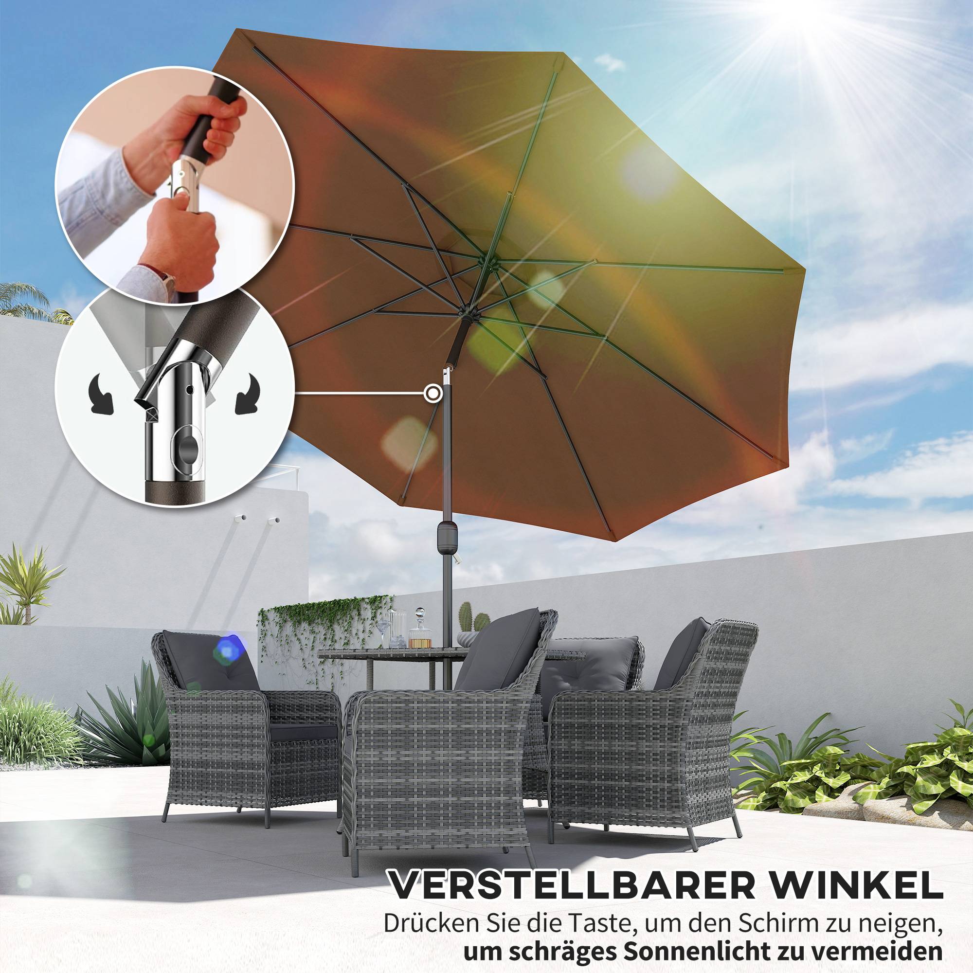 Parasol inclinable en acier et polyester marron 220 x 220 x 220 cm - PANGIVO - Image 4
