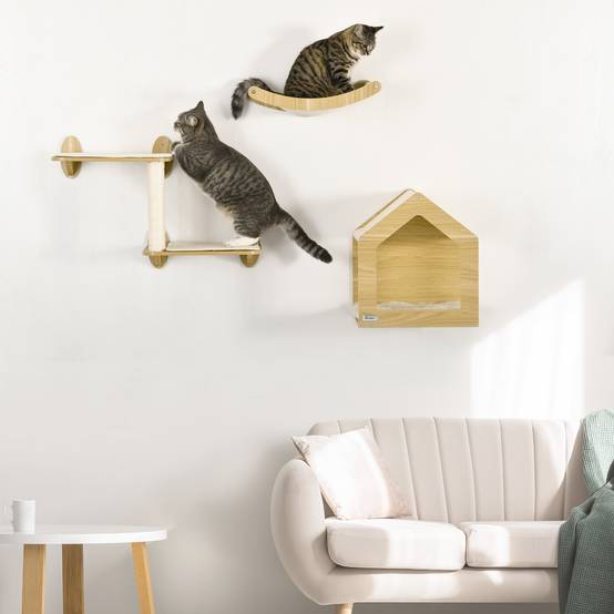 Parcours Mural pour Chat 3 Pièces en Bois avec Lit Hamac et Poteau Griffoir Sisal Couleur Chêne - ComfortXL Outdoor Living - Image 3