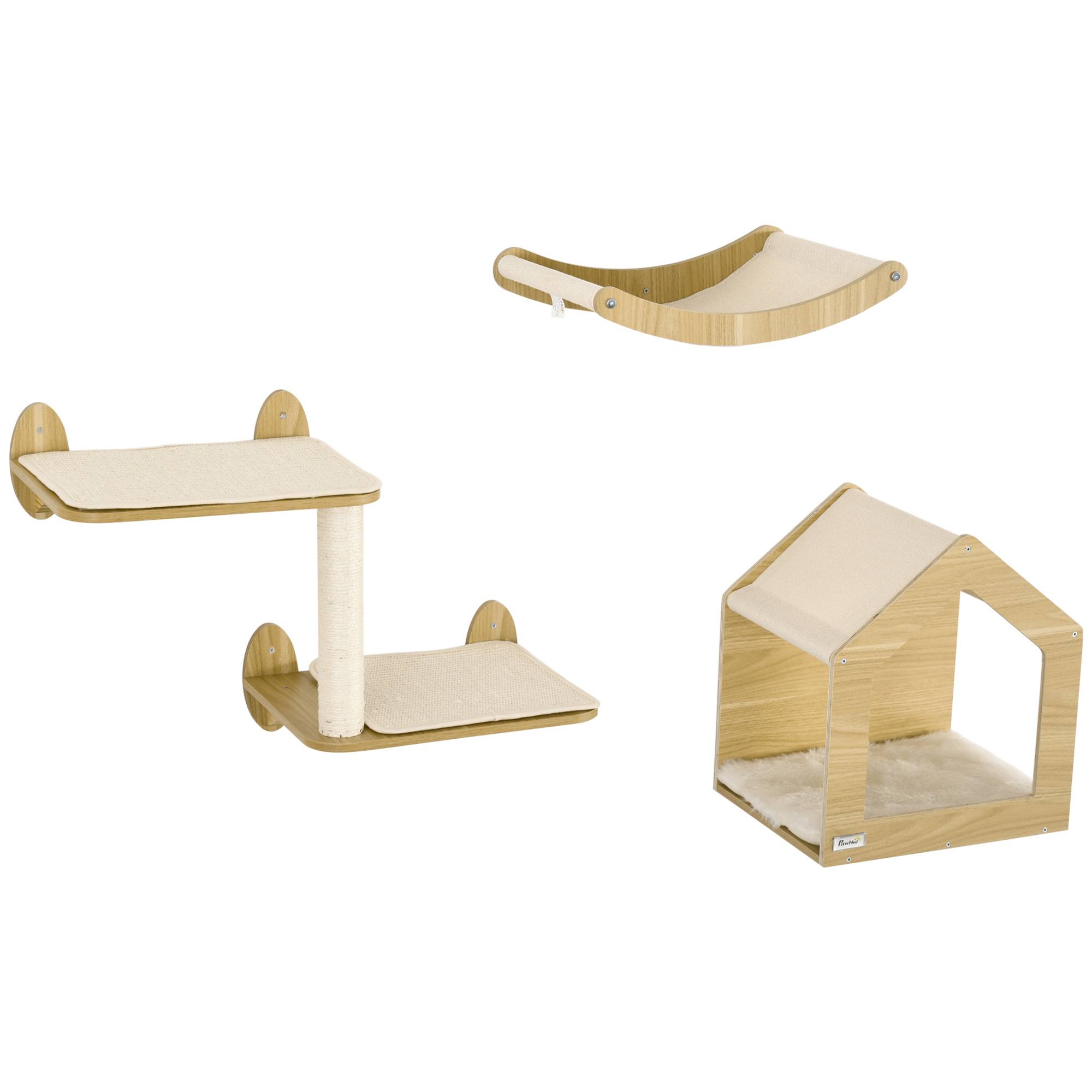 Parcours Mural pour Chat 3 Pièces en Bois avec Lit Hamac et Poteau Griffoir Sisal Couleur Chêne - ComfortXL Outdoor Living - Image 2