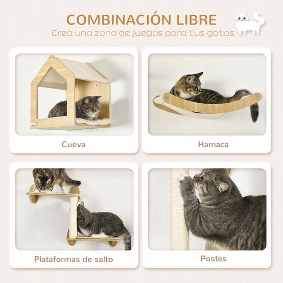Parcours Mural pour Chat 3 Pièces en Bois avec Lit Hamac et Poteau Griffoir Sisal Couleur Chêne - ComfortXL Outdoor Living - Image 7