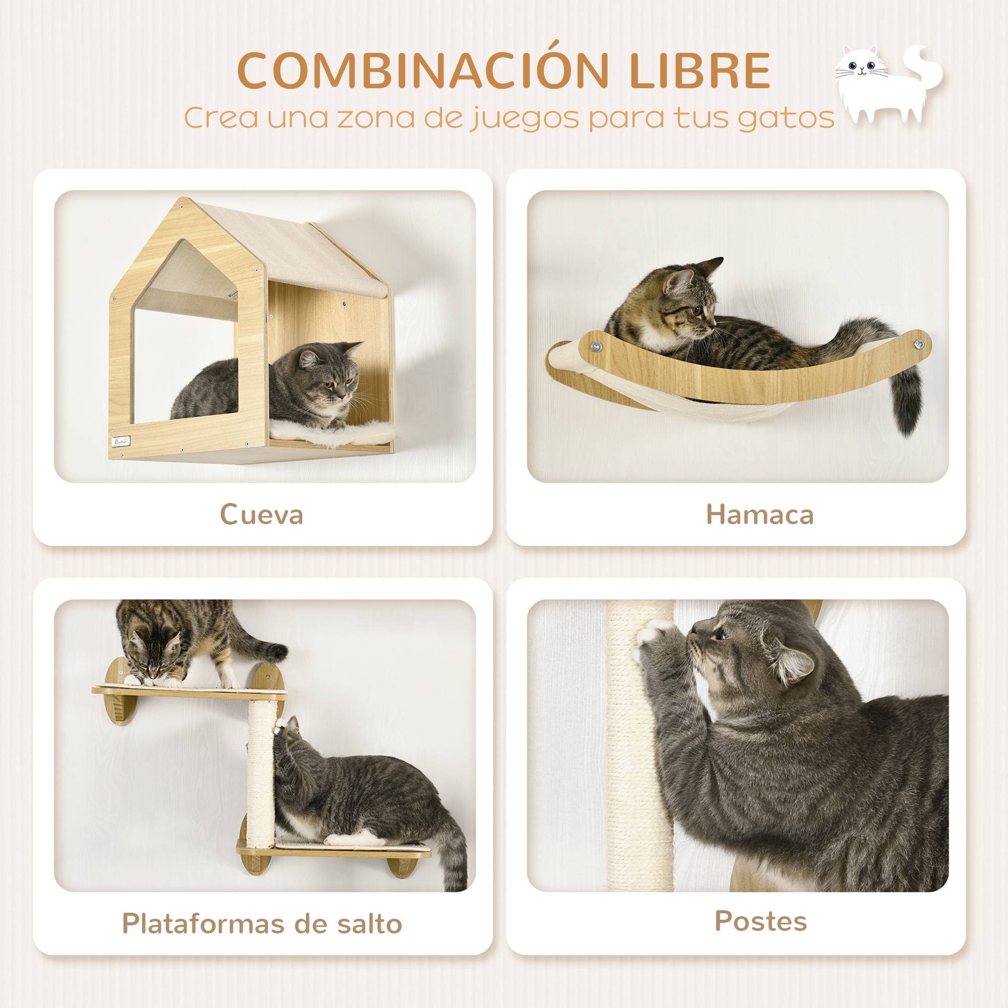 Parcours Mural pour Chat 3 Pièces en Bois avec Lit Hamac et Poteau Griffoir Sisal Couleur Chêne - ComfortXL Outdoor Living - Image 7