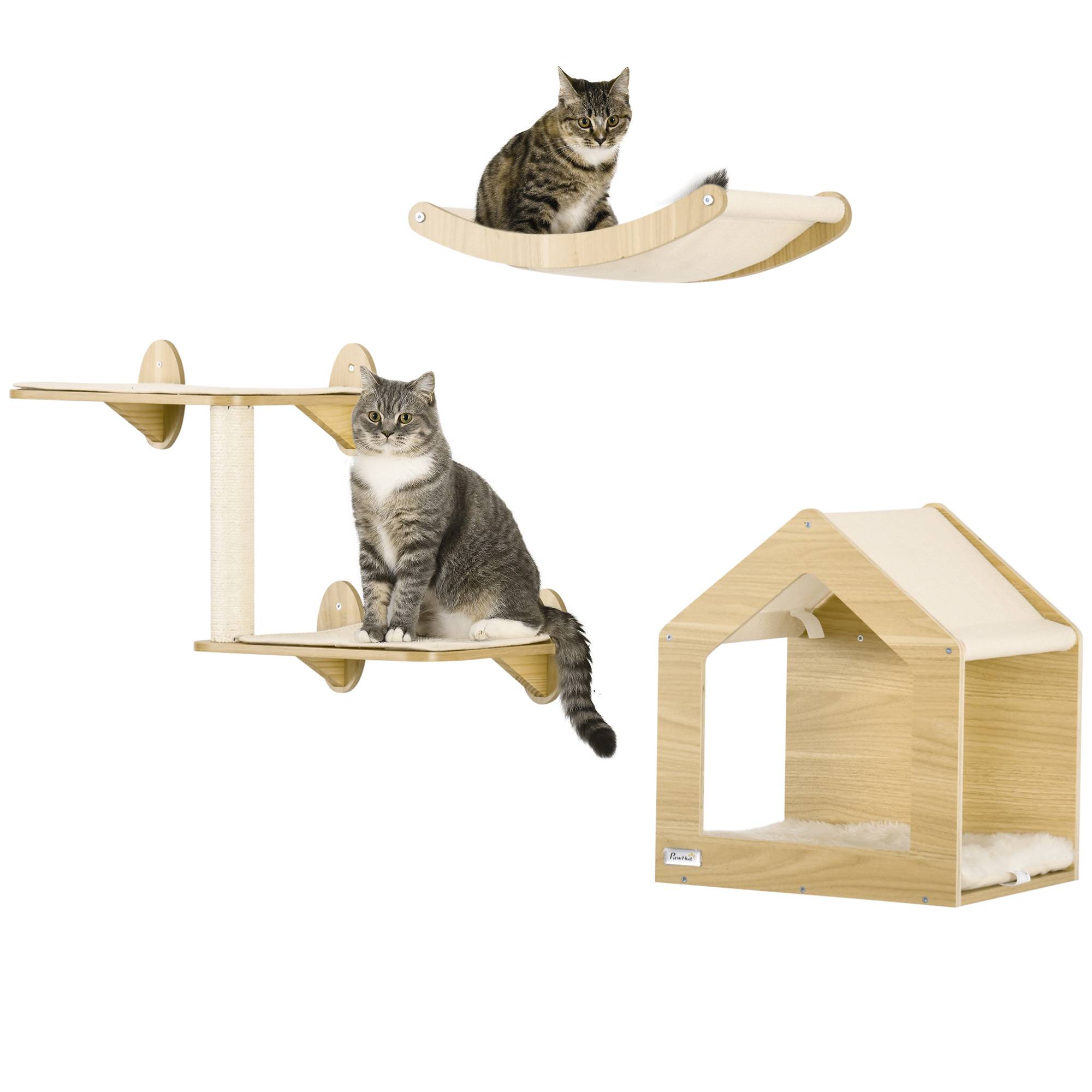 Parcours Mural pour Chat 3 Pièces en Bois avec Lit Hamac et Poteau Griffoir Sisal Couleur Chêne - ComfortXL Outdoor Living