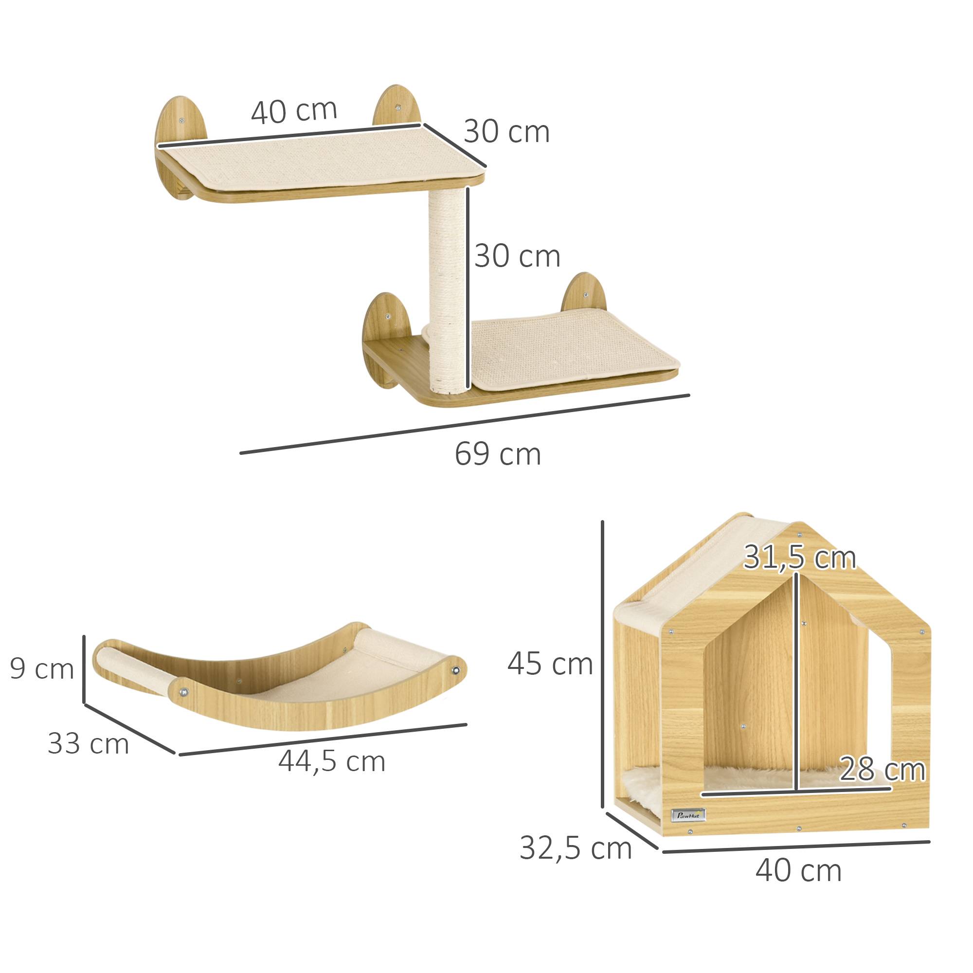 Parcours Mural pour Chat 3 Pièces en Bois avec Lit Hamac et Poteau Griffoir Sisal Couleur Chêne - ComfortXL Outdoor Living - Image 5