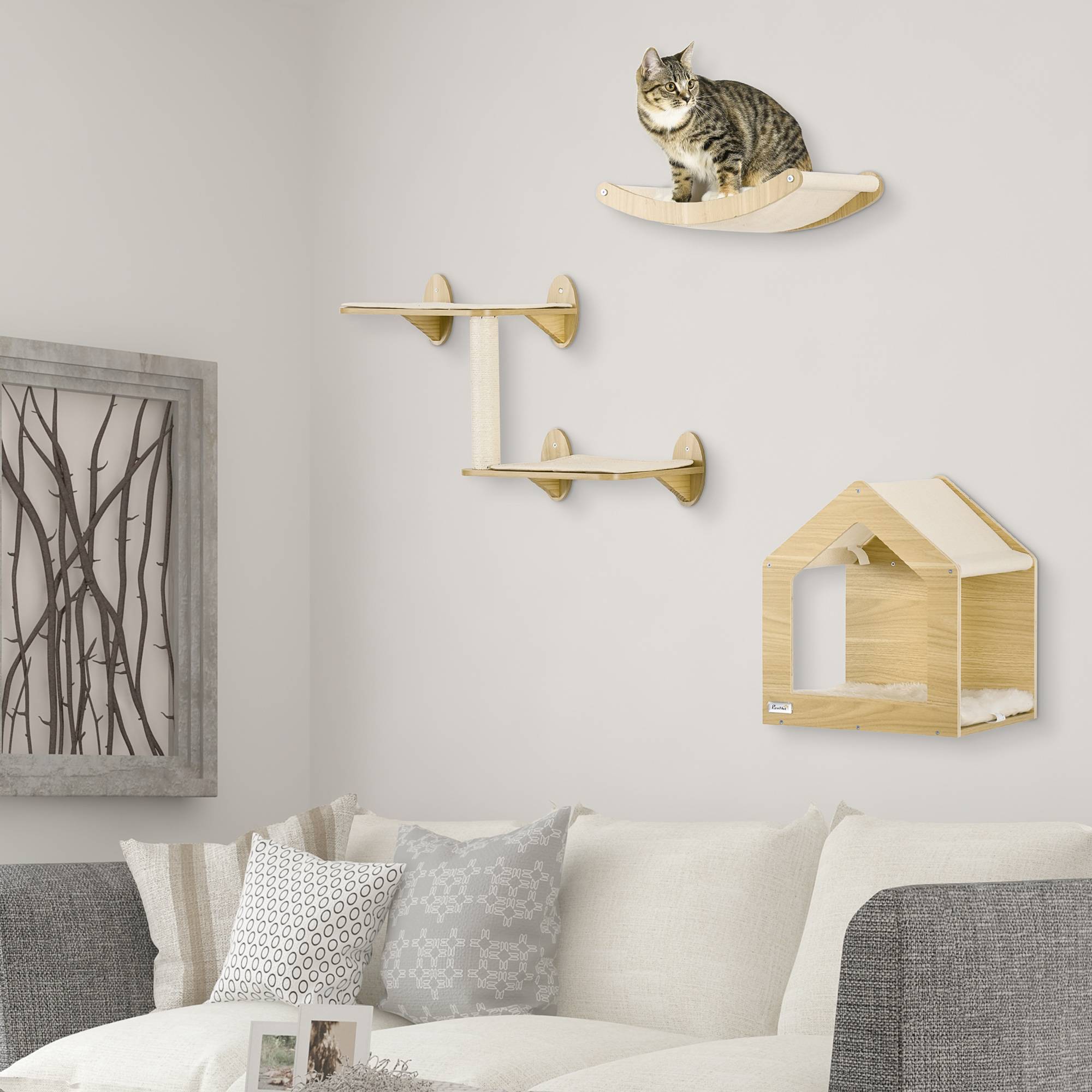 Parcours Mural pour Chat 3 Pièces en Bois avec Lit Hamac et Poteau Griffoir Sisal Couleur Chêne - ComfortXL Outdoor Living - Image 4
