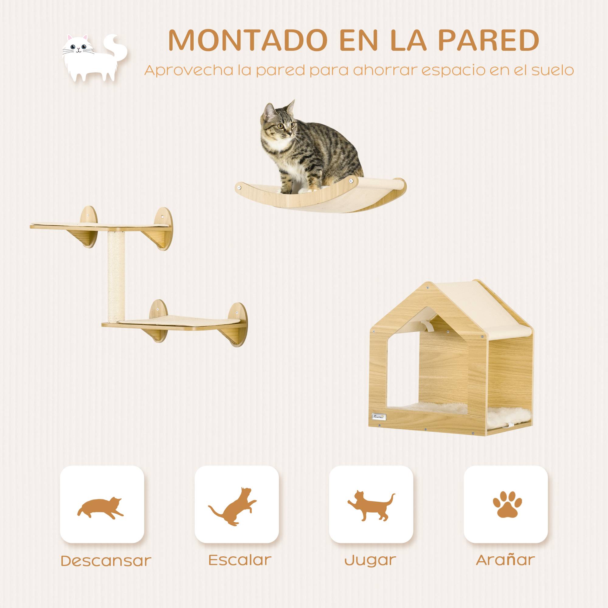 Parcours Mural pour Chat 3 Pièces en Bois avec Lit Hamac et Poteau Griffoir Sisal Couleur Chêne - ComfortXL Outdoor Living - Image 6