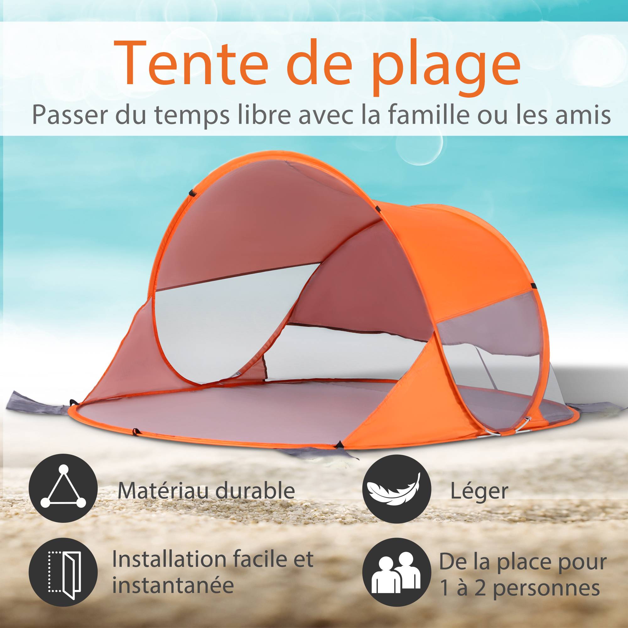 Tente de plage pop-up polyester orange 200 x 120 x 90 cm - PANGIVO - Image 6