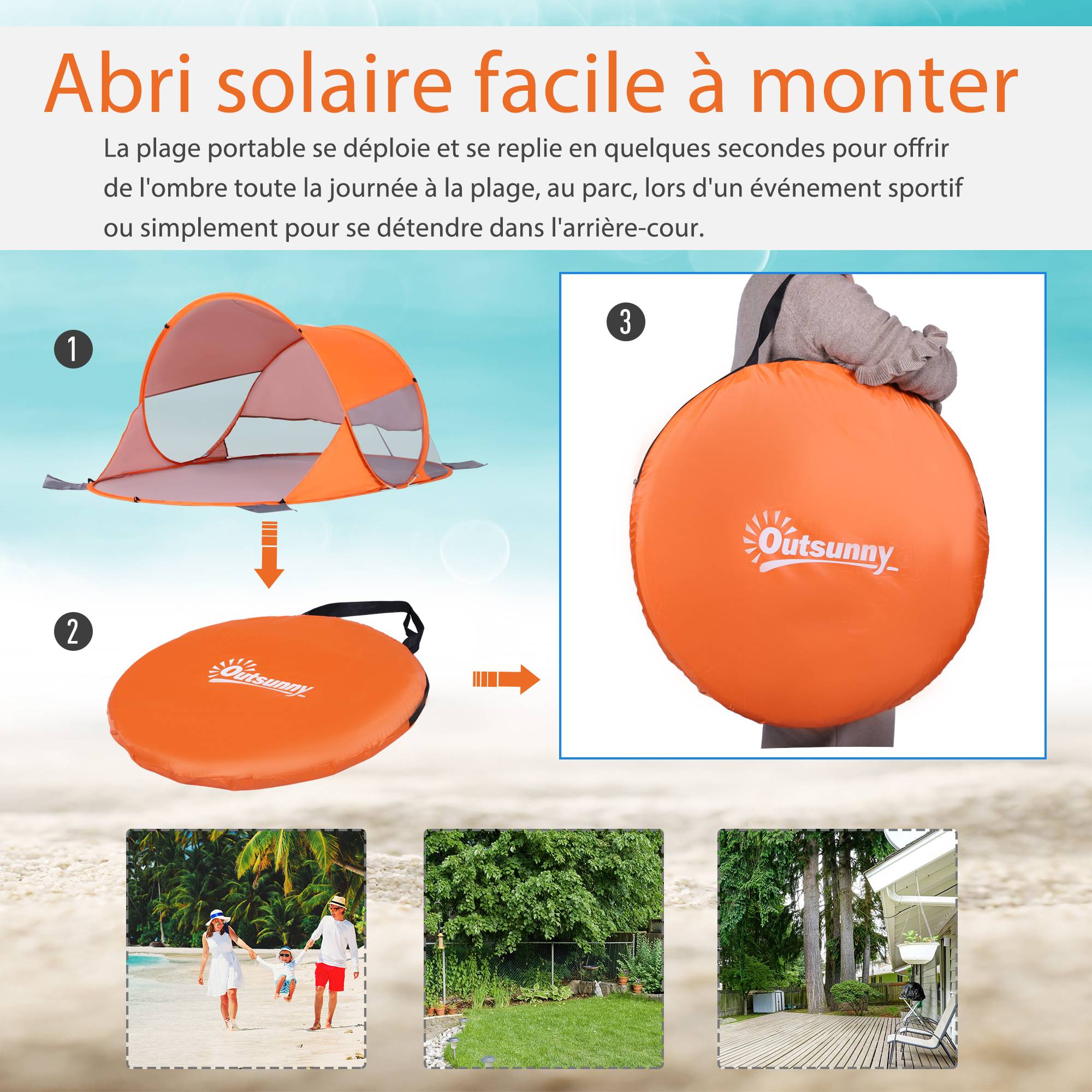 Tente de plage pop-up polyester orange 200 x 120 x 90 cm - PANGIVO - Image 7