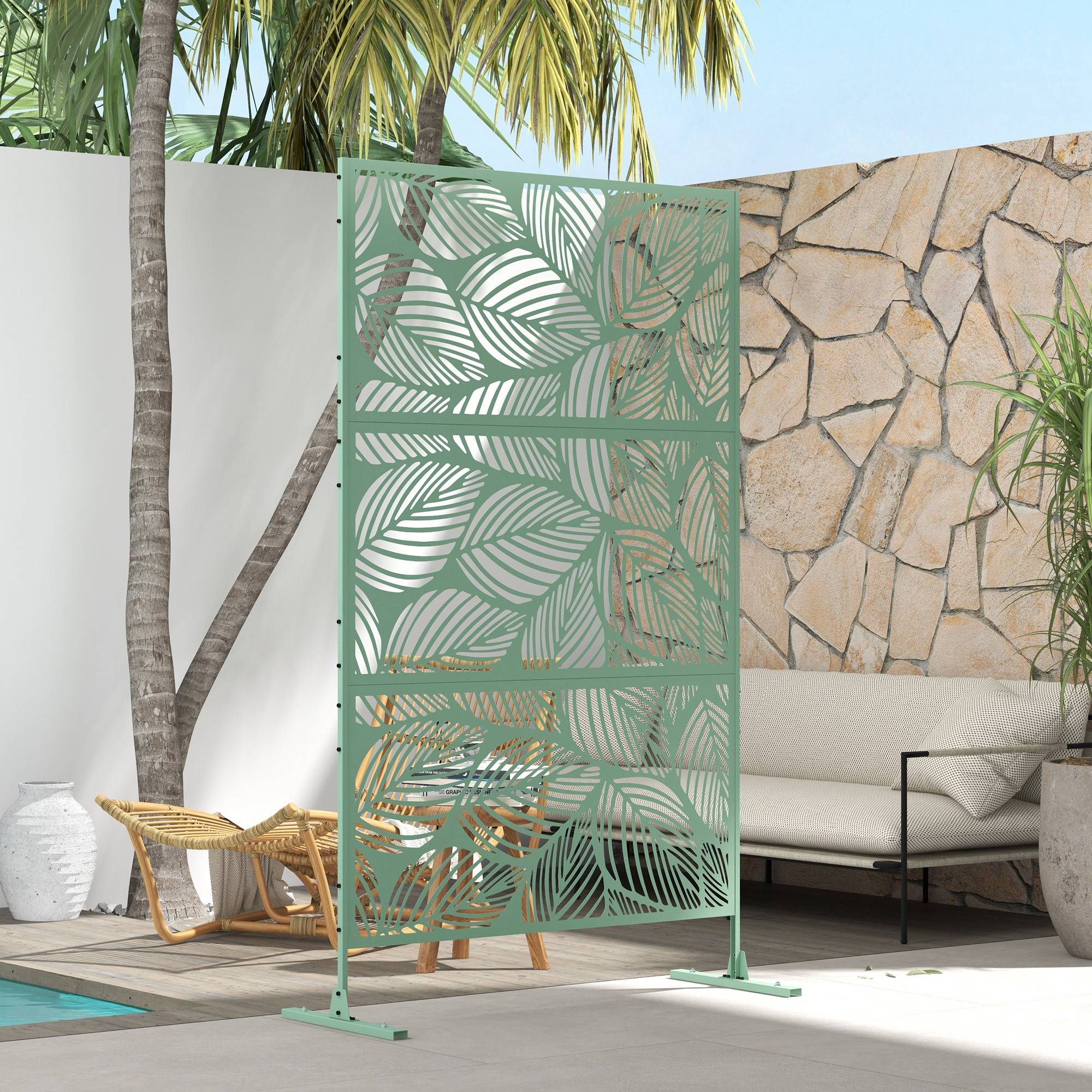 Panneau brise vue décoratif paravent extérieur vert à motif végétal en métal - 122 x 45 x 198 cm, vert - Image 9