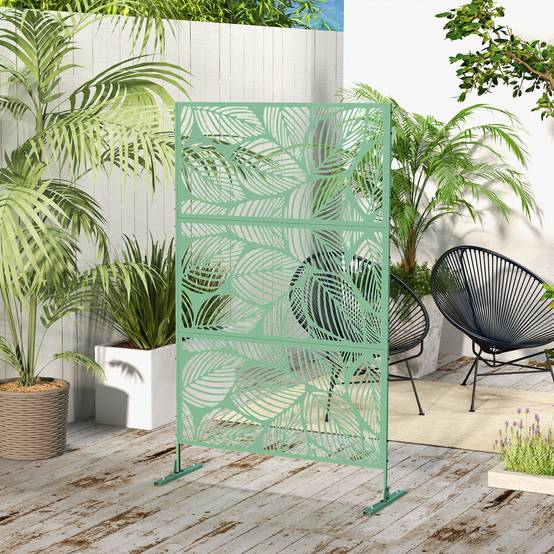 Panneau brise vue décoratif paravent extérieur vert à motif végétal en métal - 122 x 45 x 198 cm, vert - Image 4