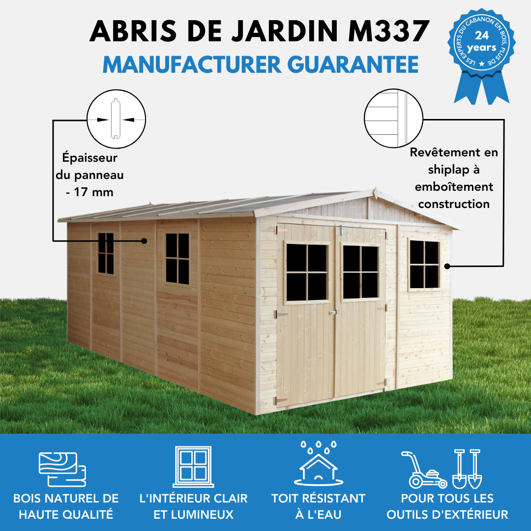 Timbela - Abri de Jardin en Bois Naturel H226x324x516 cm / 15 m² avec fenêtres - Atelier rangement outils et vélos - 17 mm d’épaisseur - Timbela M337 - Imagen 9