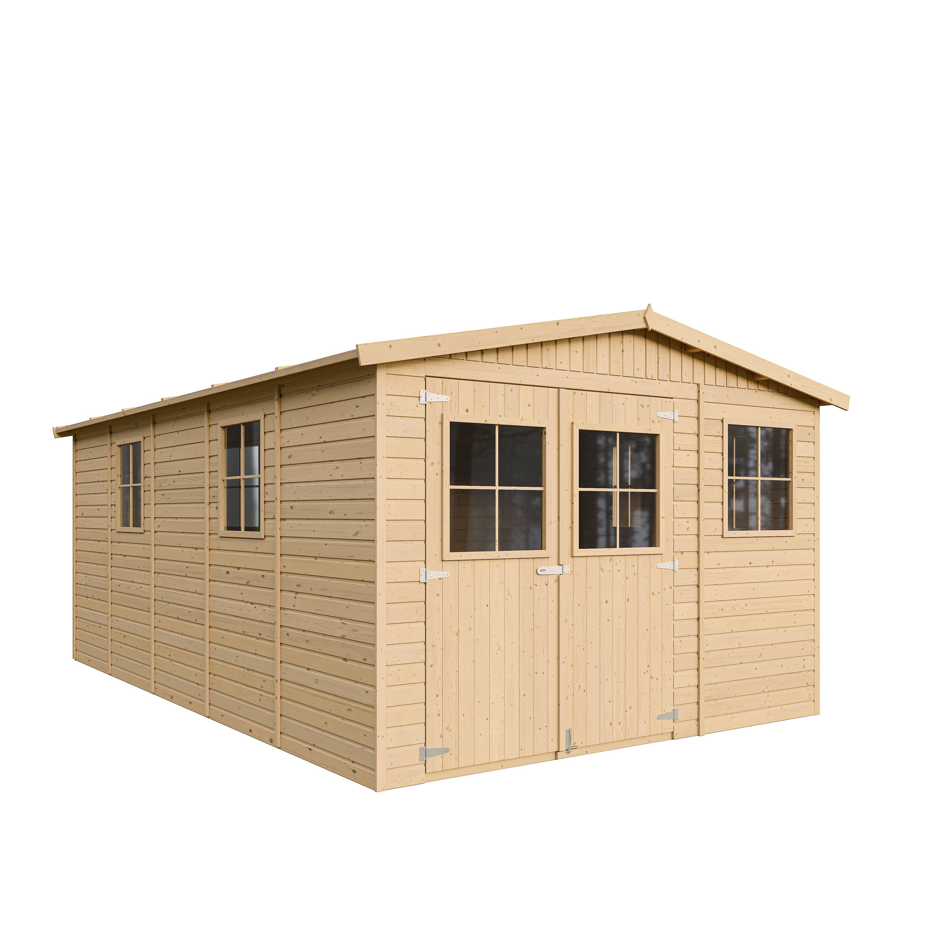 Timbela - Abri de Jardin en Bois Naturel H226x324x516 cm / 15 m² avec fenêtres - Atelier rangement outils et vélos - 17 mm d’épaisseur - Timbela M337 - Imagen 4