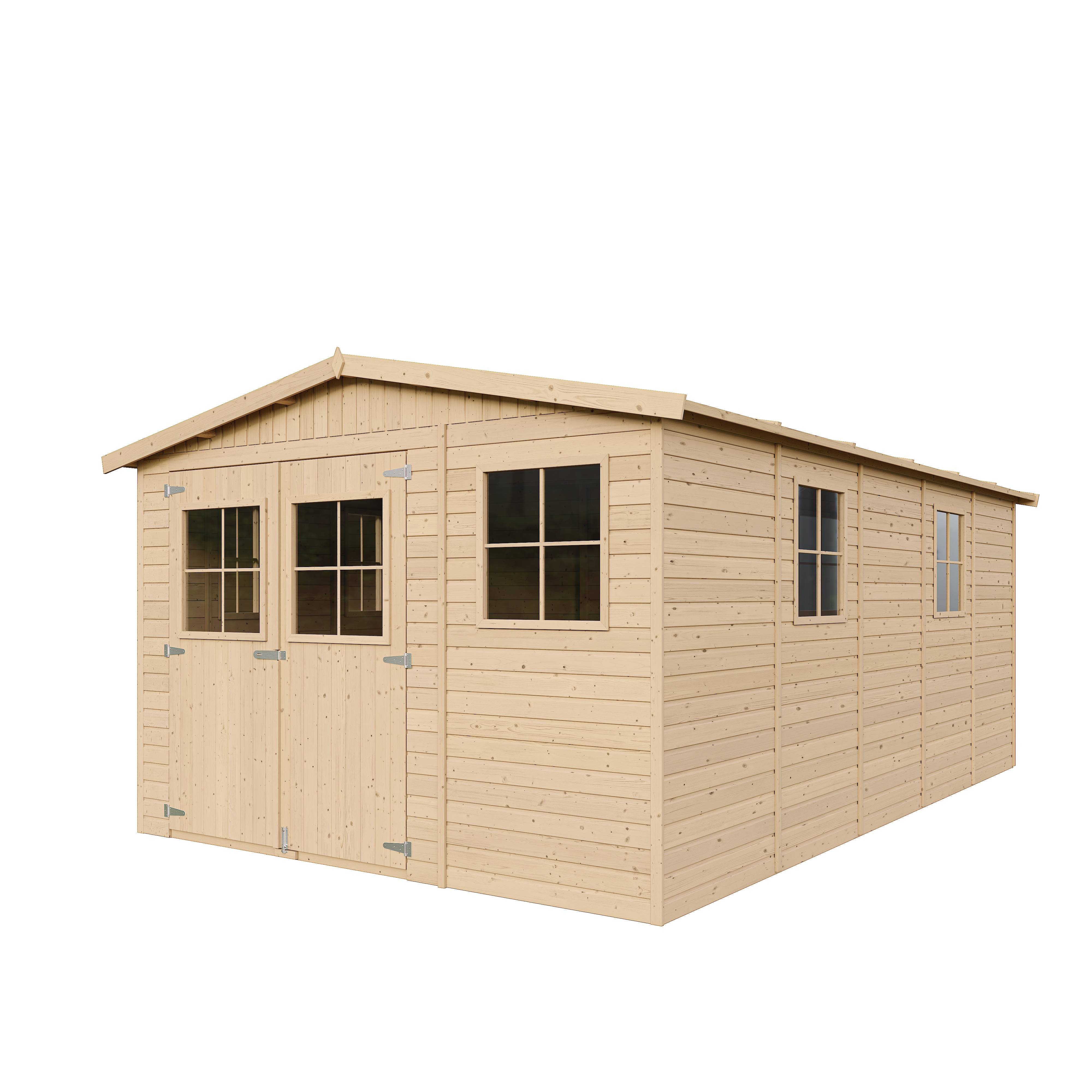 Timbela - Abri de Jardin en Bois Naturel H226x324x516 cm / 15 m² avec fenêtres - Atelier rangement outils et vélos - 17 mm d’épaisseur - Timbela M337 - Imagen 2
