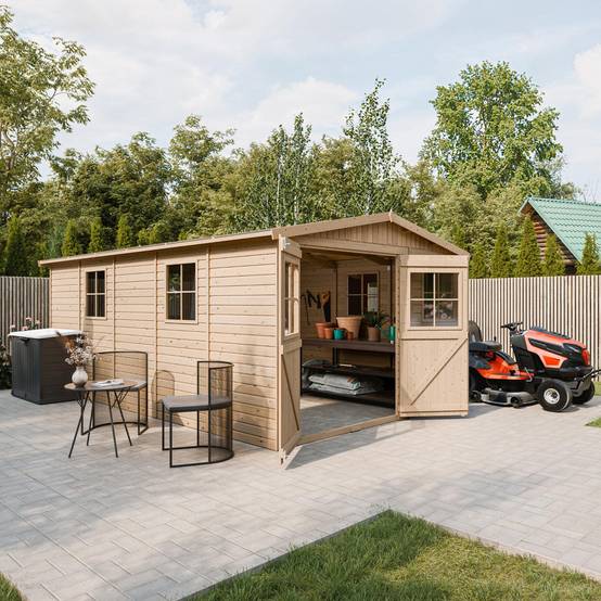 Timbela - Abri de Jardin en Bois Naturel H226x324x516 cm / 15 m² avec fenêtres - Atelier rangement outils et vélos - 17 mm d’épaisseur - Timbela M337 - Imagen 5