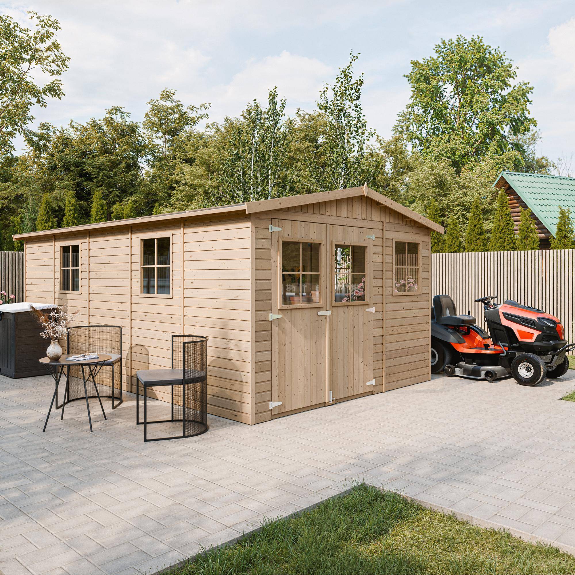 Timbela - Abri de Jardin en Bois Naturel H226x324x516 cm / 15 m² avec fenêtres - Atelier rangement outils et vélos - 17 mm d’épaisseur - Timbela M337 - Imagen 1