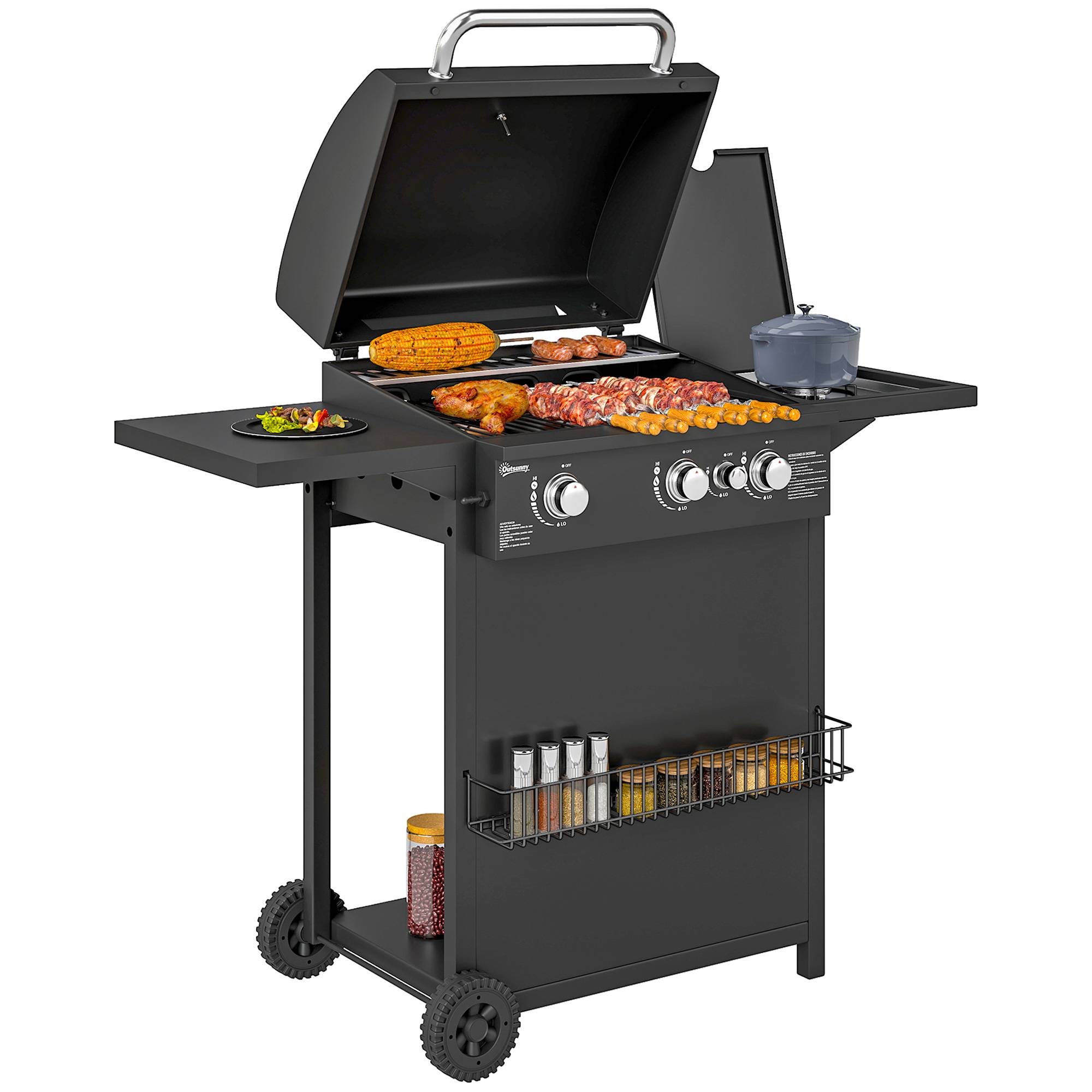 Barbecue gaz 3+1 brûleurs en acier, puissance 9,5 kW, barbecue de jardin 2 grilles étagères latérales, 2 roues, noir - Image 1