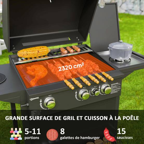 Barbecue gaz 3+1 brûleurs en acier, puissance 9,5 kW, barbecue de jardin 2 grilles étagères latérales, 2 roues, noir - Image 6