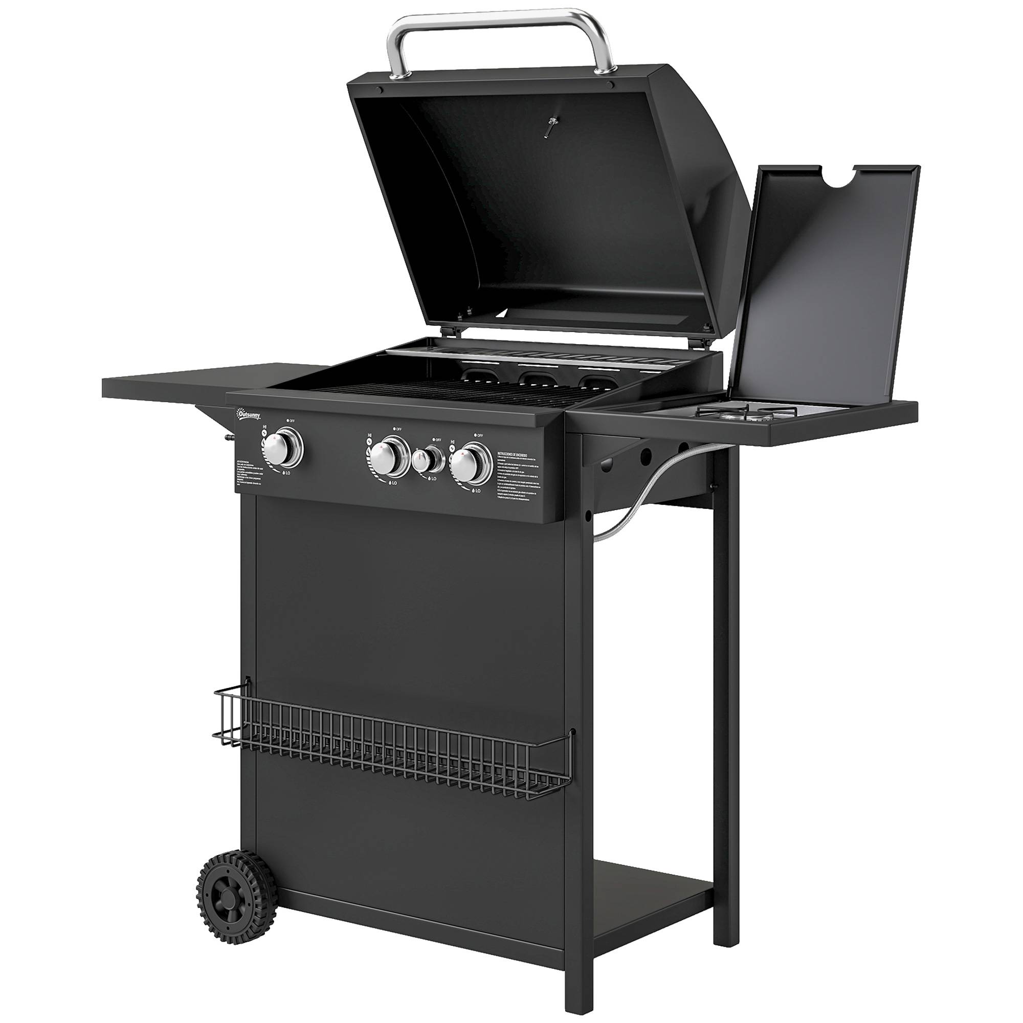 Barbecue gaz 3+1 brûleurs en acier, puissance 9,5 kW, barbecue de jardin 2 grilles étagères latérales, 2 roues, noir - Image 2