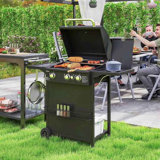 Barbecue gaz 3+1 brûleurs en acier, puissance 9,5 kW, barbecue de jardin 2 grilles étagères latérales, 2 roues, noir - Image 3