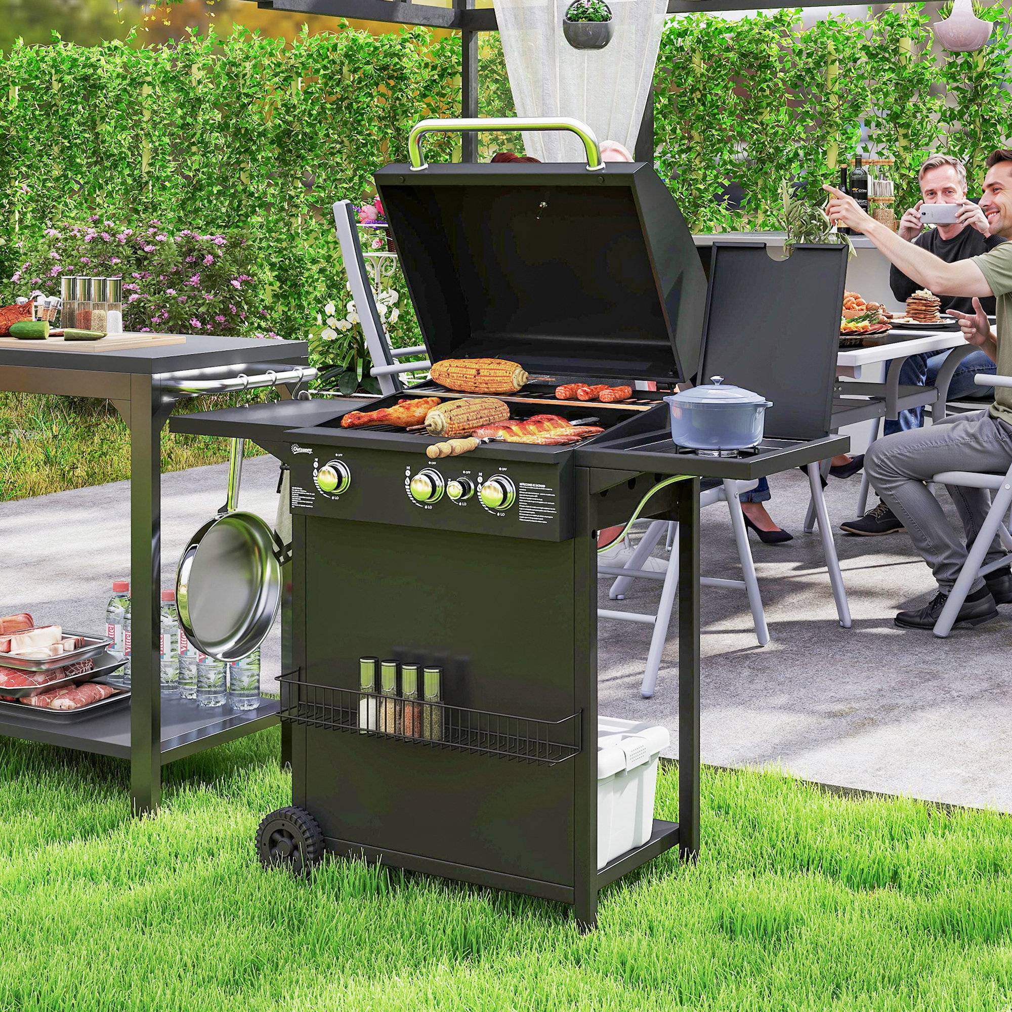 Barbecue gaz 3+1 brûleurs en acier, puissance 9,5 kW, barbecue de jardin 2 grilles étagères latérales, 2 roues, noir - Image 3