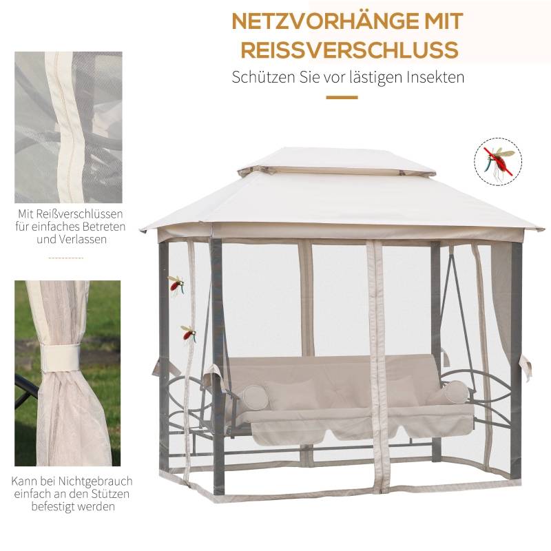 Balancelle de jardin 3 places Acier Polyester avec moustiquaire et fonction lit Beige 256cm - ComfortXL Outdoor Living - Image 6