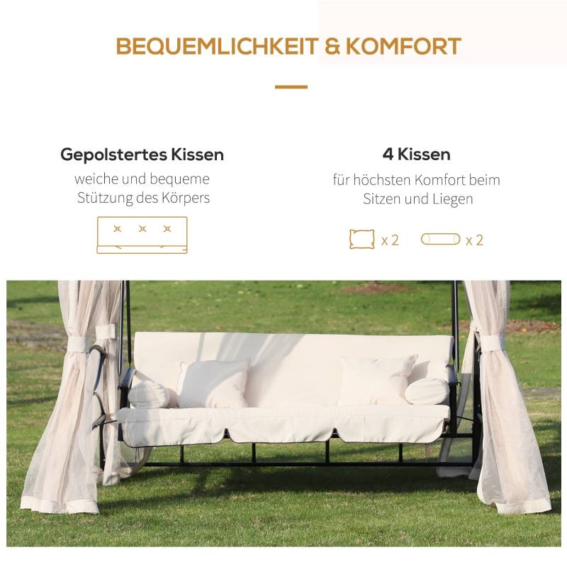 Balancelle de jardin 3 places Acier Polyester avec moustiquaire et fonction lit Beige 256cm - ComfortXL Outdoor Living - Image 5