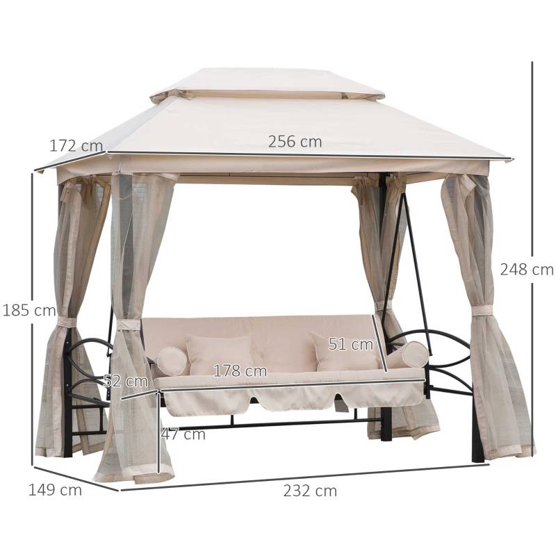 Balancelle de jardin 3 places Acier Polyester avec moustiquaire et fonction lit Beige 256cm - ComfortXL Outdoor Living - Image 3