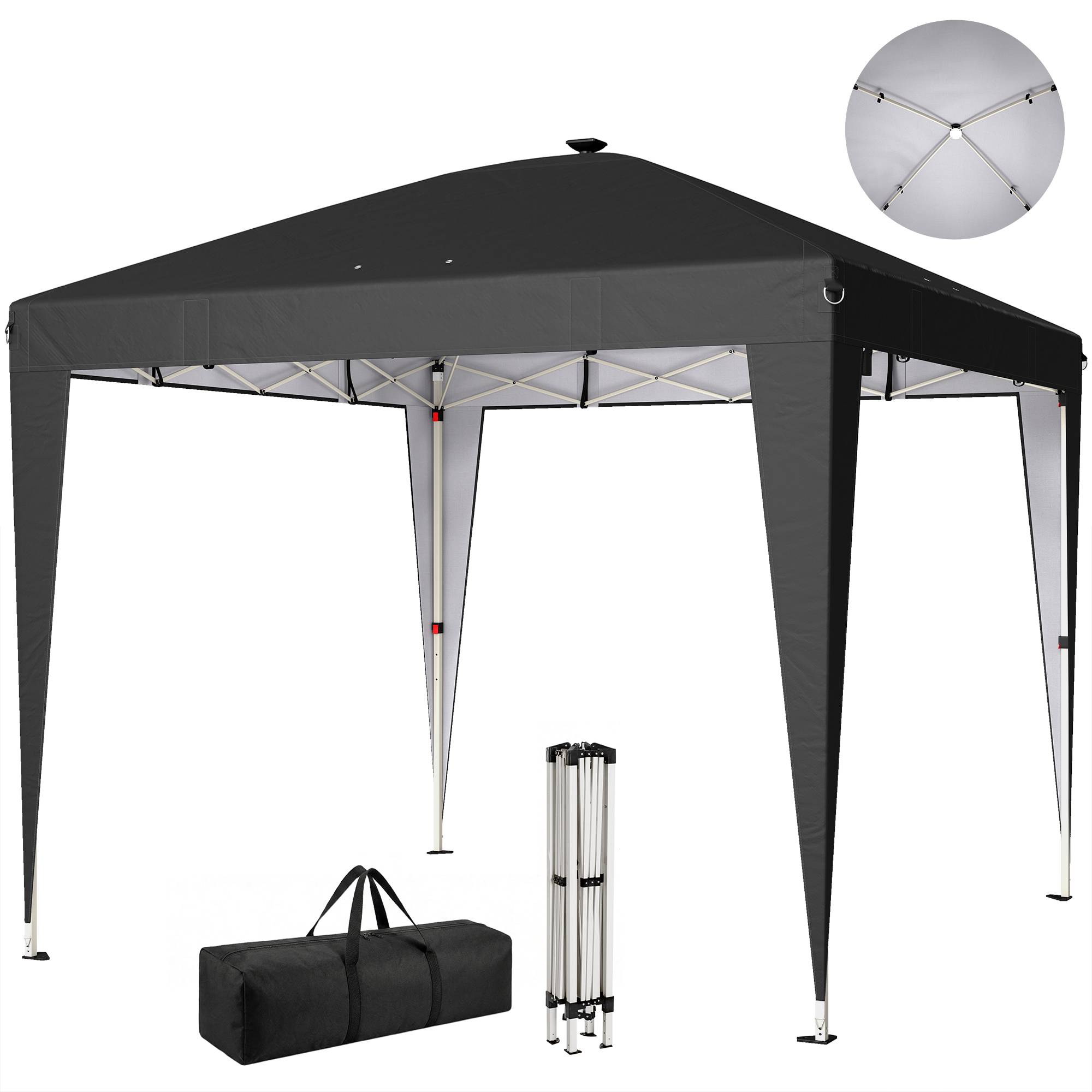 Tonnelle pliante 3x3 m avec hauteur réglable, éclairage central et télécommande, en métal et polyester, noire - Image 1