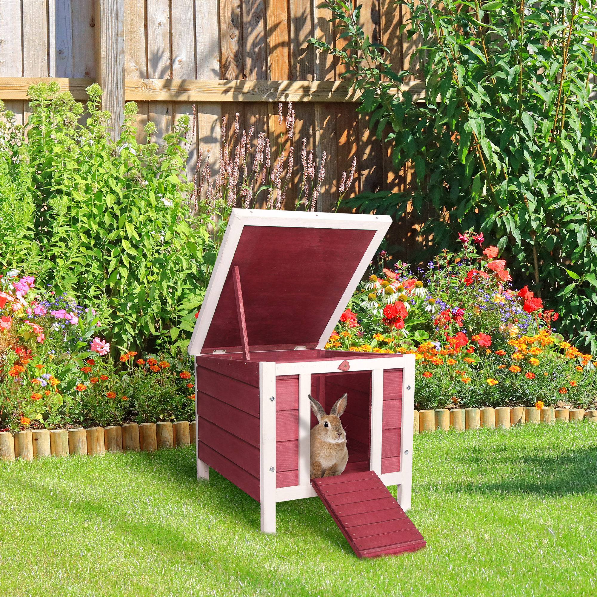 Sans Marque - Clapier extérieur bois petits rongeurs toit asphalte ouverture rampe antidérapante 42x51x43 cm rouge - Image 3