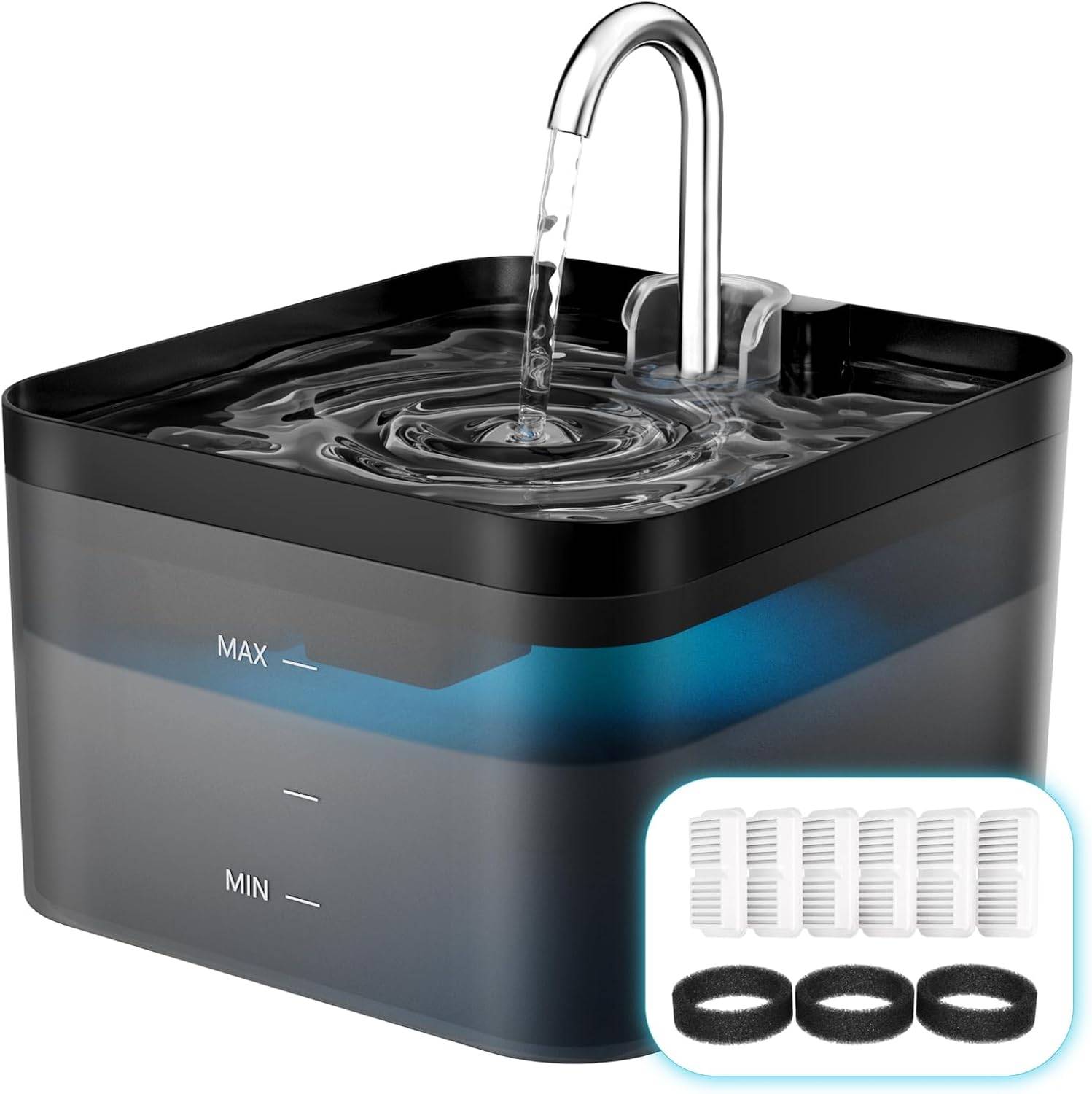 Fontaine a Eau de 2,2L pour chat Super Silencieuse noir, Comprend 6 Filtres +3 Éponges