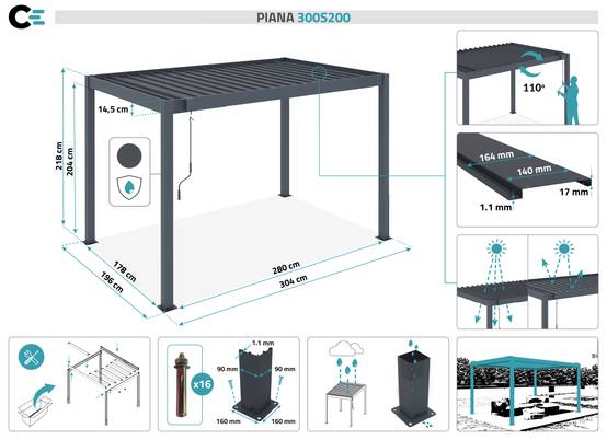 Cazeboo Pergola bioclimatique autoportée PIANA 3x2m aluminium gris - lames orientables - Image 2