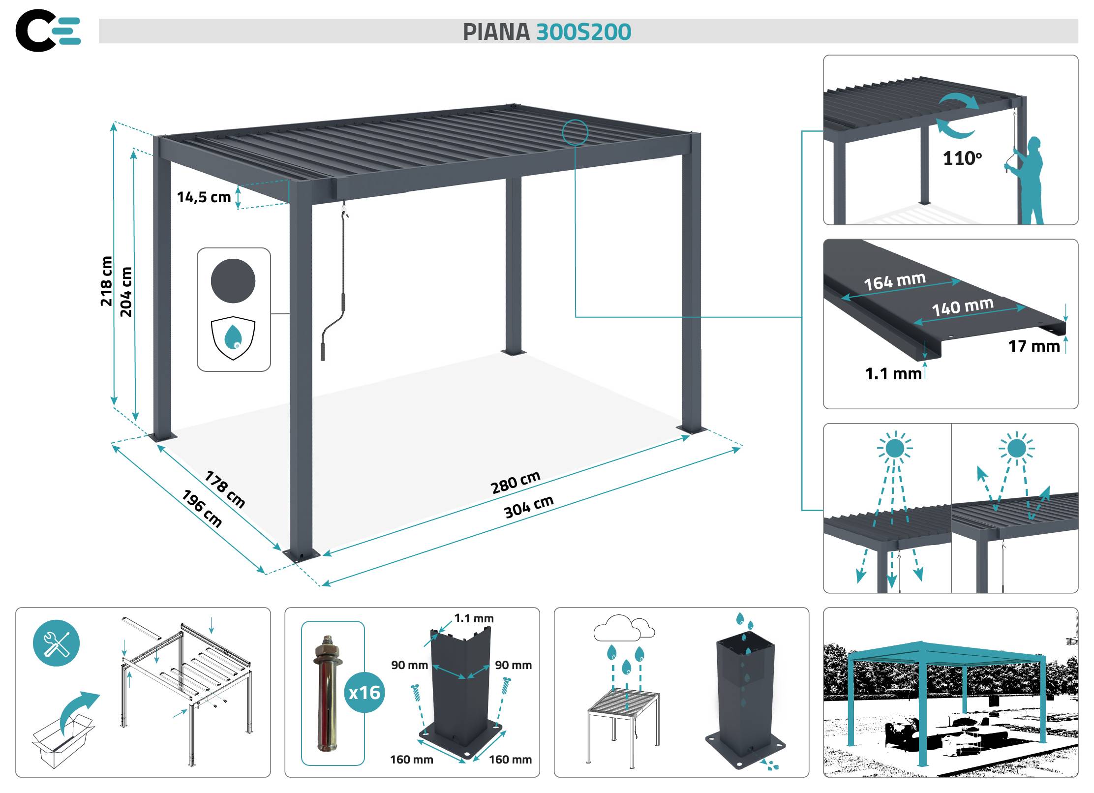 Cazeboo Pergola bioclimatique autoportée PIANA 3x2m aluminium gris - lames orientables - Image 2