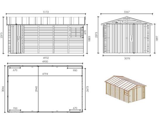 Altanka - Garage en bois - 14.94m2 - 3.05x4.93m - Ep. 18mm - couleur: naturel - GAR28 - ALTANKA - Imagen 2