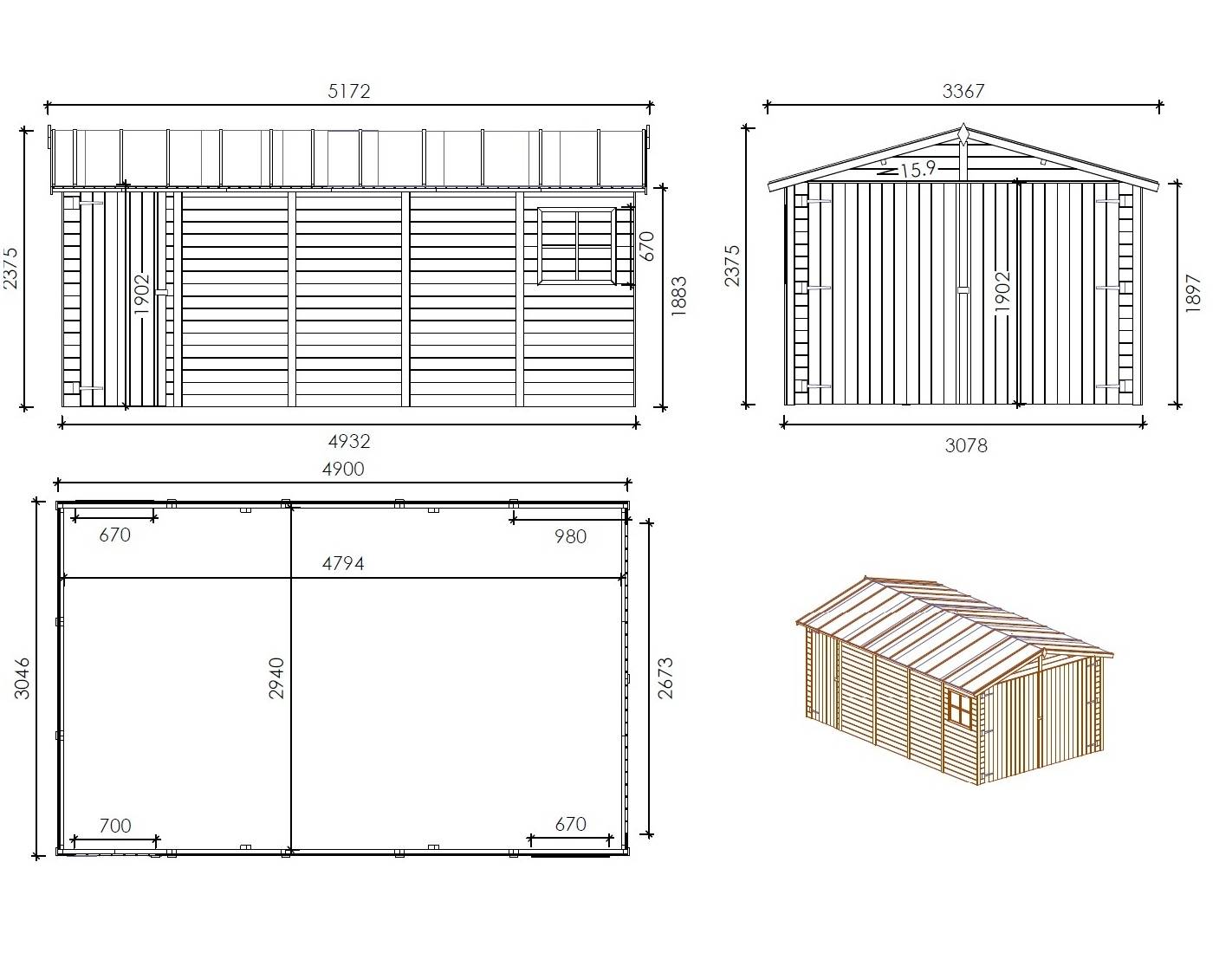 Altanka - Garage en bois - 14.94m2 - 3.05x4.93m - Ep. 18mm - couleur: naturel - GAR28 - ALTANKA - Imagen 2