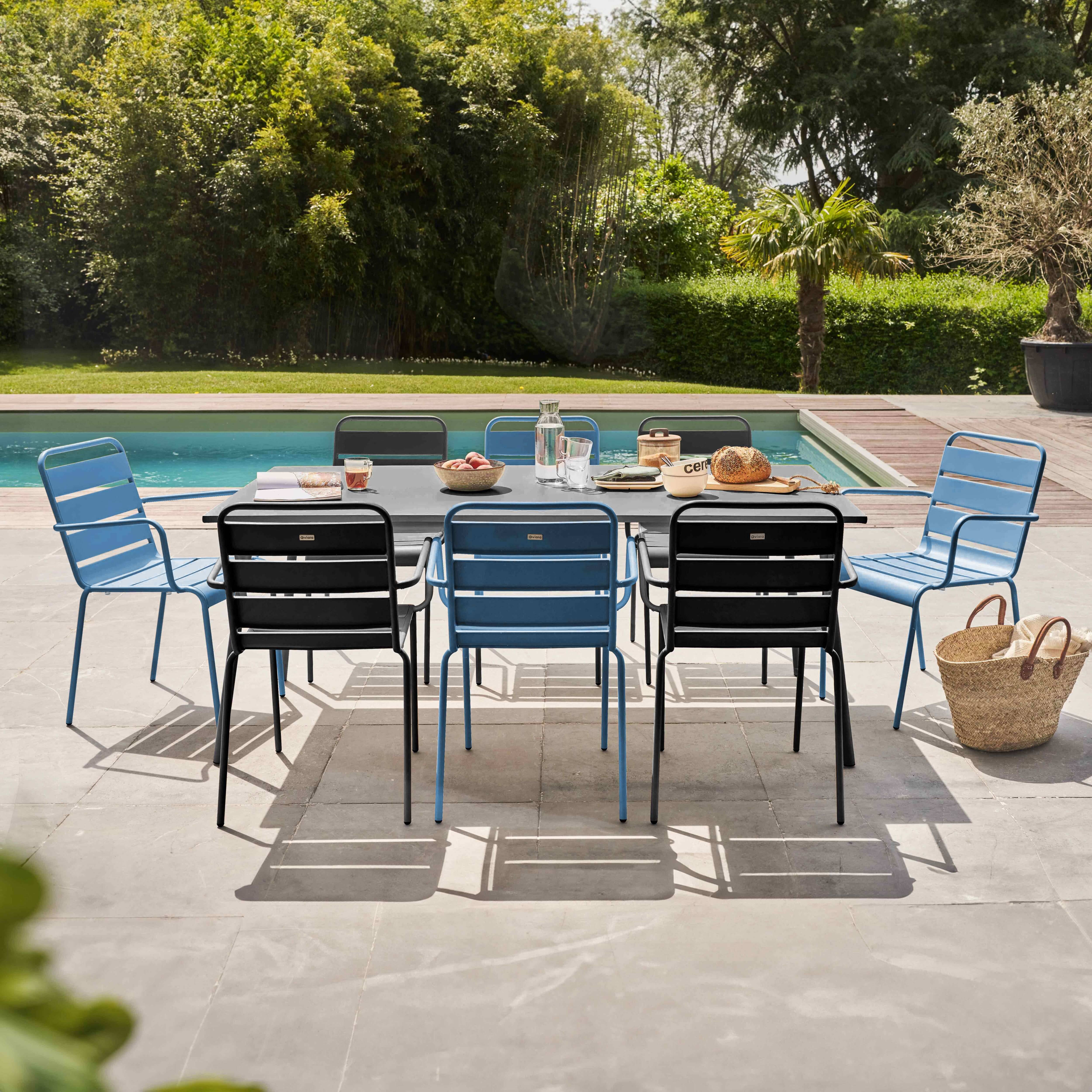 Oviala - Ensemble table de jardin et 8 fauteuils en métal bleu pacific et gris Palavas - Oviala - Imagen 2