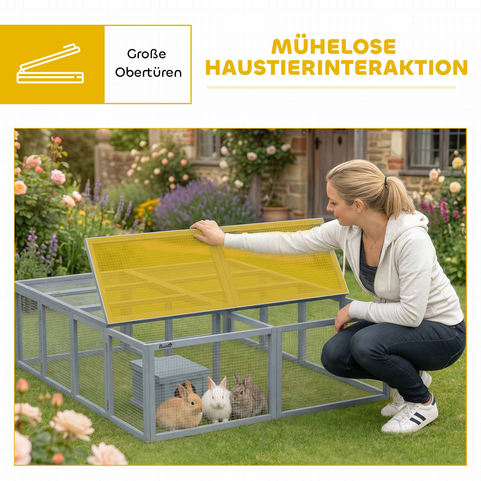 Sans Marque - Enclos lapin bois 2 portes abri pour 2-4 lapins nains 180,4x150x48 cm Gris - Image 7