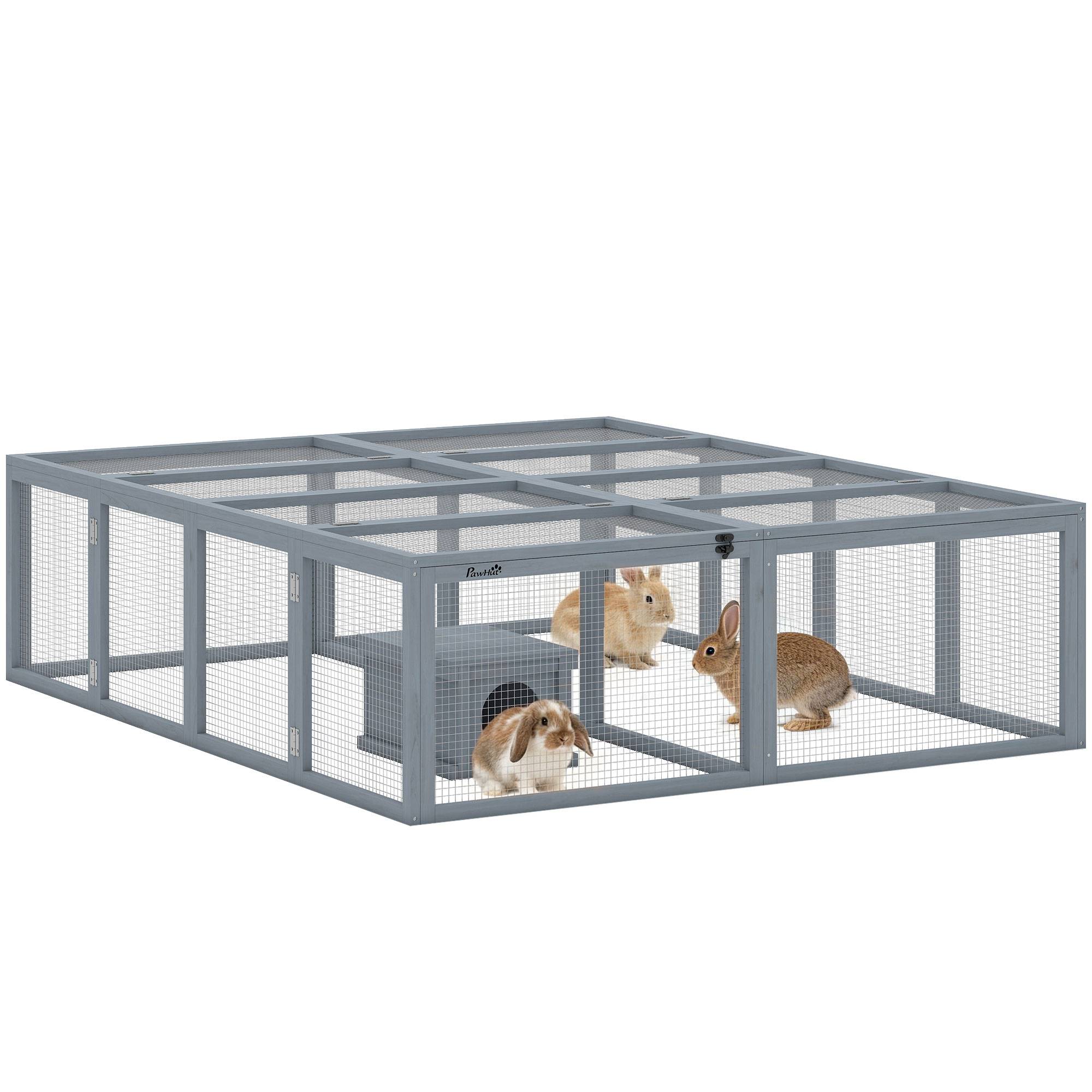 Sans Marque - Enclos lapin bois 2 portes abri pour 2-4 lapins nains 180,4x150x48 cm Gris - Image 1
