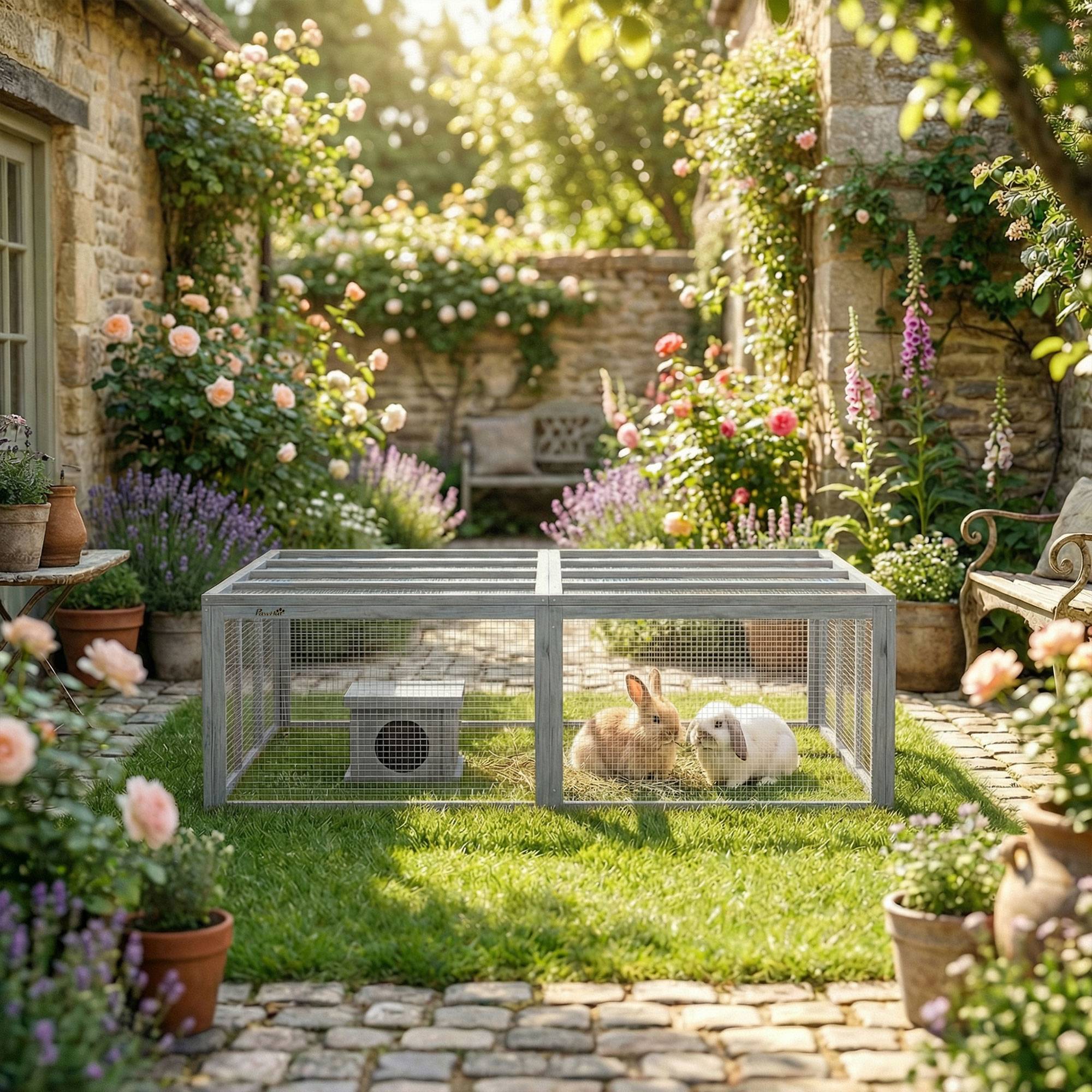 Sans Marque - Enclos lapin bois 2 portes abri pour 2-4 lapins nains 180,4x150x48 cm Gris - Image 10