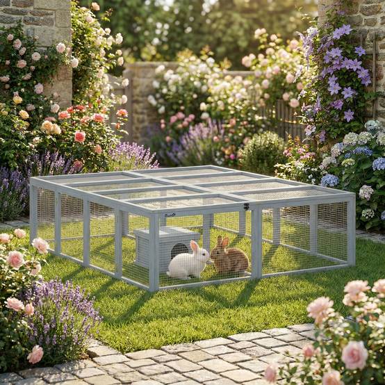 Sans Marque - Enclos lapin bois 2 portes abri pour 2-4 lapins nains 180,4x150x48 cm Gris - Image 4