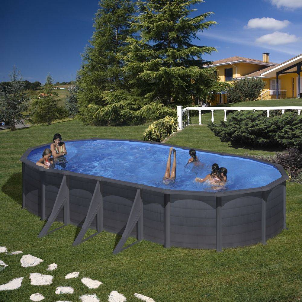 Gre Pools - Piscine ovale acier 7,44m x 3,99m x H: 1,22m - Gris anthracite - Filtration à sable - Renforts apparents - Image 2
