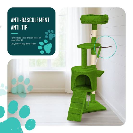 Vounot - Arbre à chat 112cm multi niveaux vert - avec griffoir, niche, jouet et plateforme - arbre à grimper - VOUNOT® - Image 4