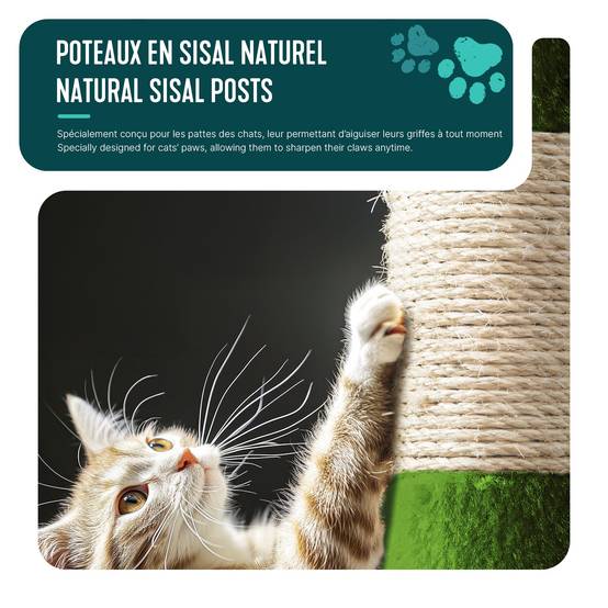 Vounot - Arbre à chat 112cm multi niveaux vert - avec griffoir, niche, jouet et plateforme - arbre à grimper - VOUNOT® - Image 5