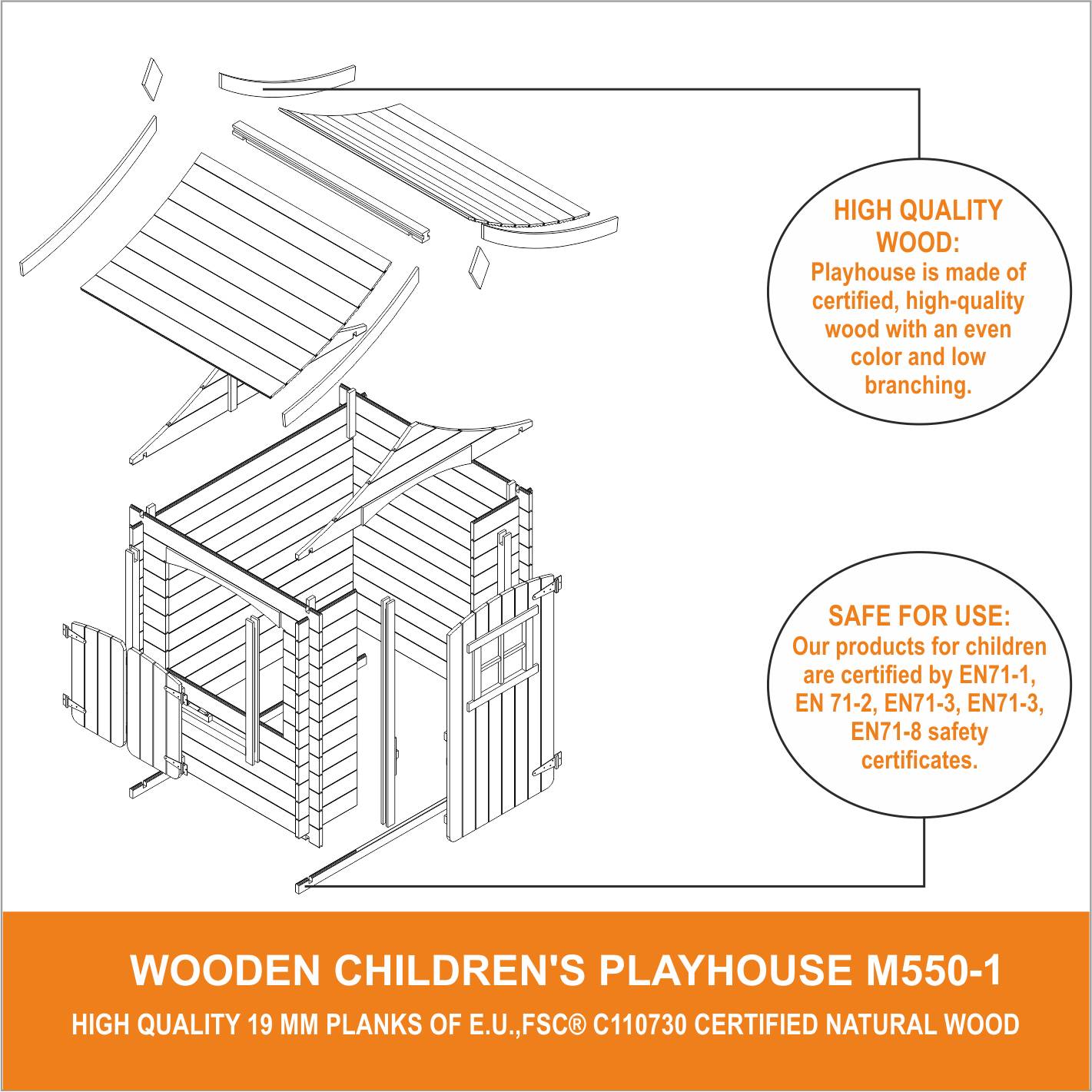 Timbela - Maison en bois pour enfants 112x146xH152 cm / 1.1 m² sans plancher - Maison jardin enfant exterieur bois - 19 mm d’épaisseur - Timbela M550-1 - Image 8