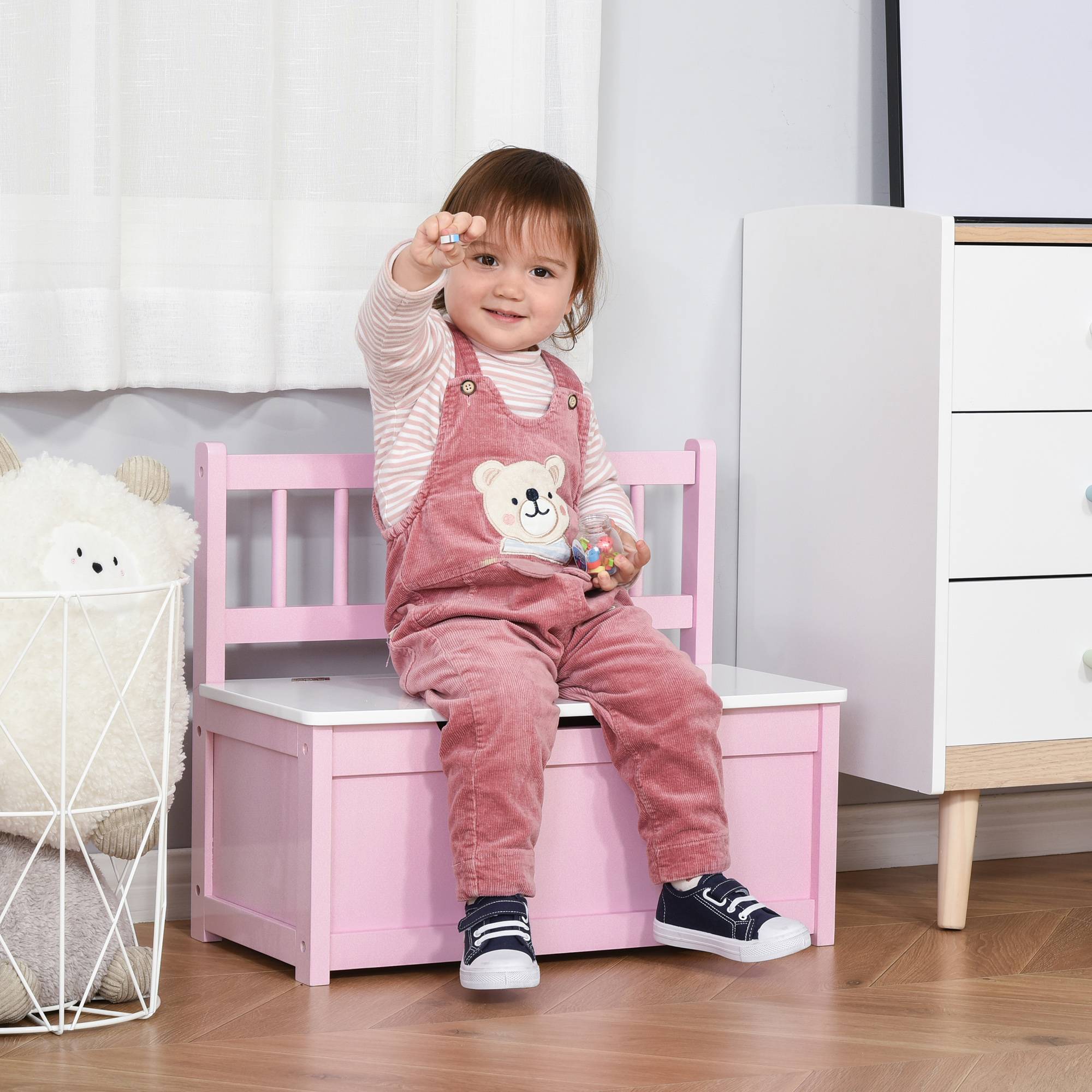Banc de Rangement Enfant avec Dossier et Couvercle Amorti, 40 kg, Salle de Jeux/Chambre, 60 x 30 x 50 cm, Rose/Blanc - Image 4