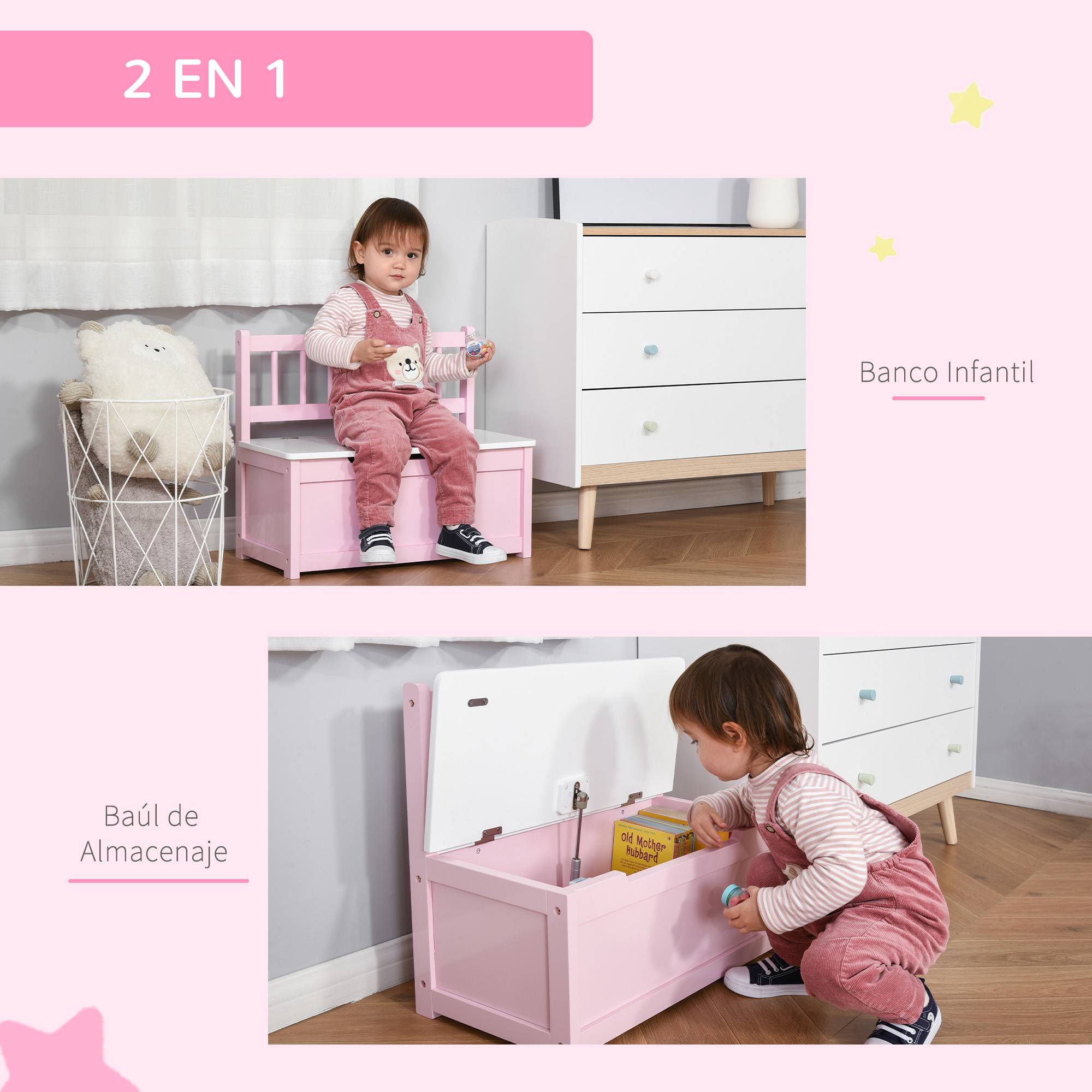 Banc de Rangement Enfant avec Dossier et Couvercle Amorti, 40 kg, Salle de Jeux/Chambre, 60 x 30 x 50 cm, Rose/Blanc - Image 7